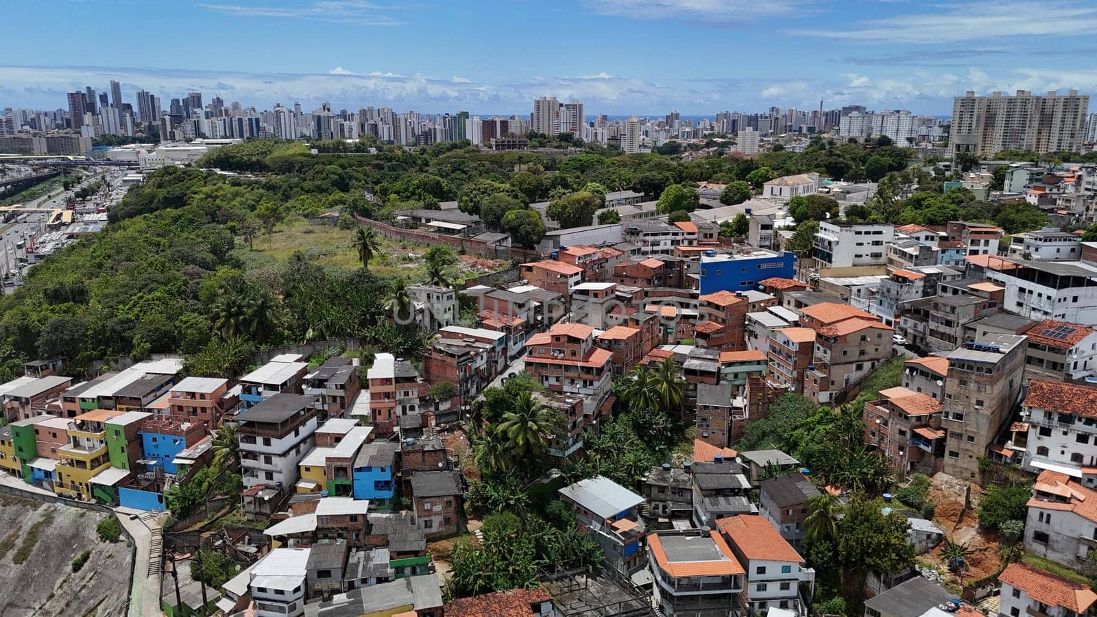 salvador, bahia, brazil - october 16, 2024: Aerial view of housing in a favela community in the city of Salvador.