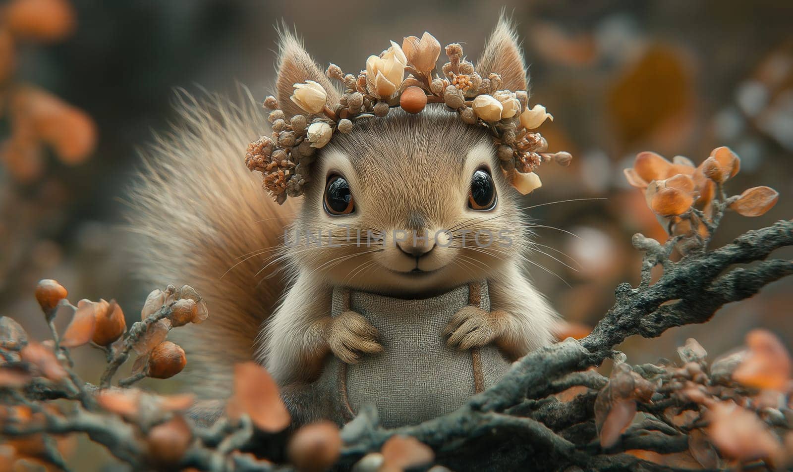 A cartoon squirrel sits in an apron on a branch. Selective focus.