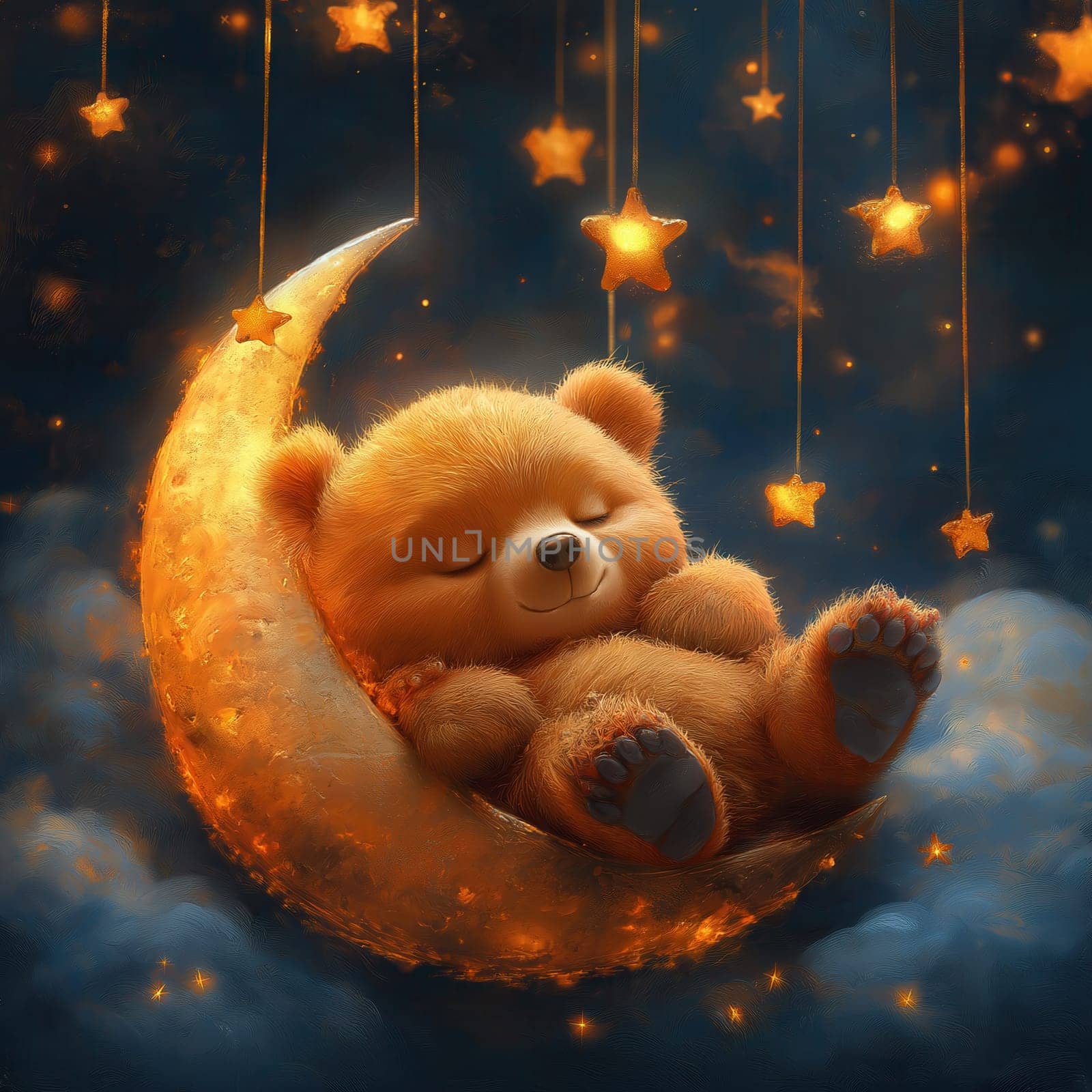 Cartoon bear sleeping on a moon on a blue background. Selective focus.