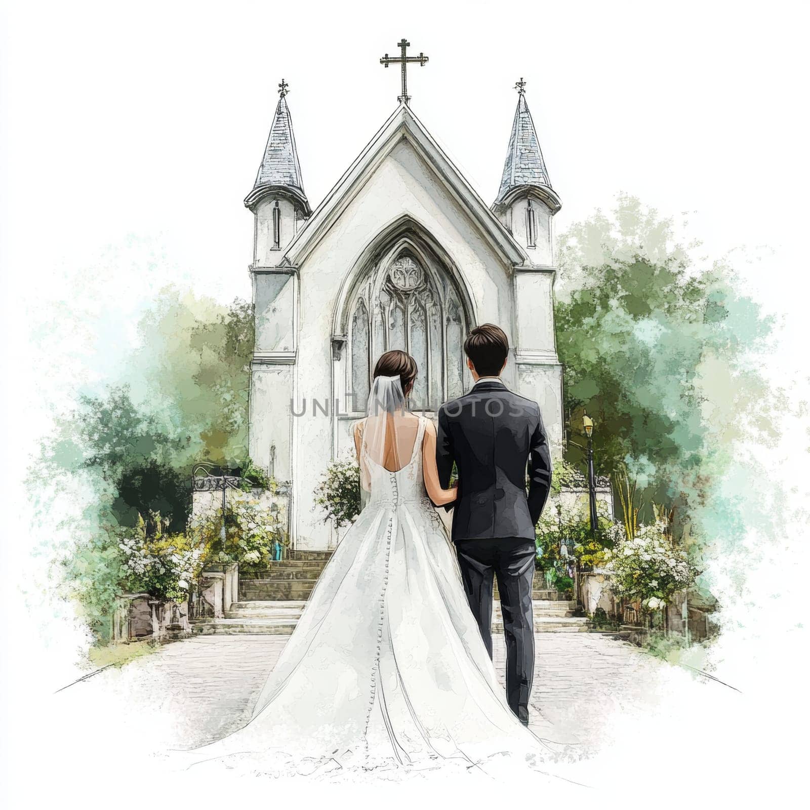 Image of bride and groom near church. High quality photo