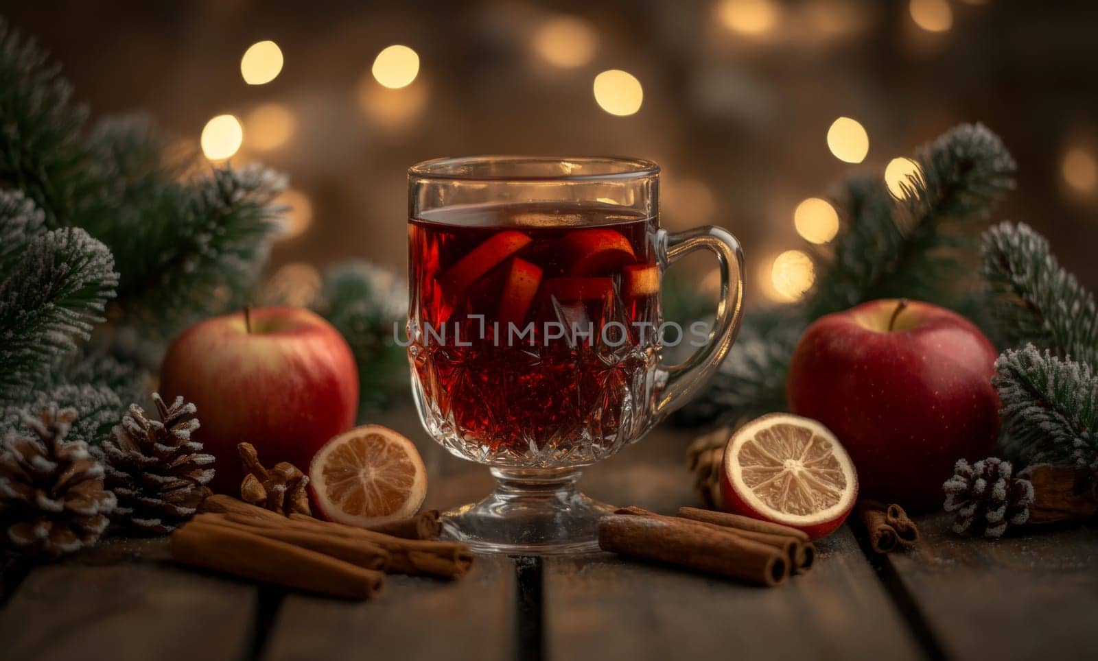 Hot spicy mulled wine on a wooden table. High quality photo