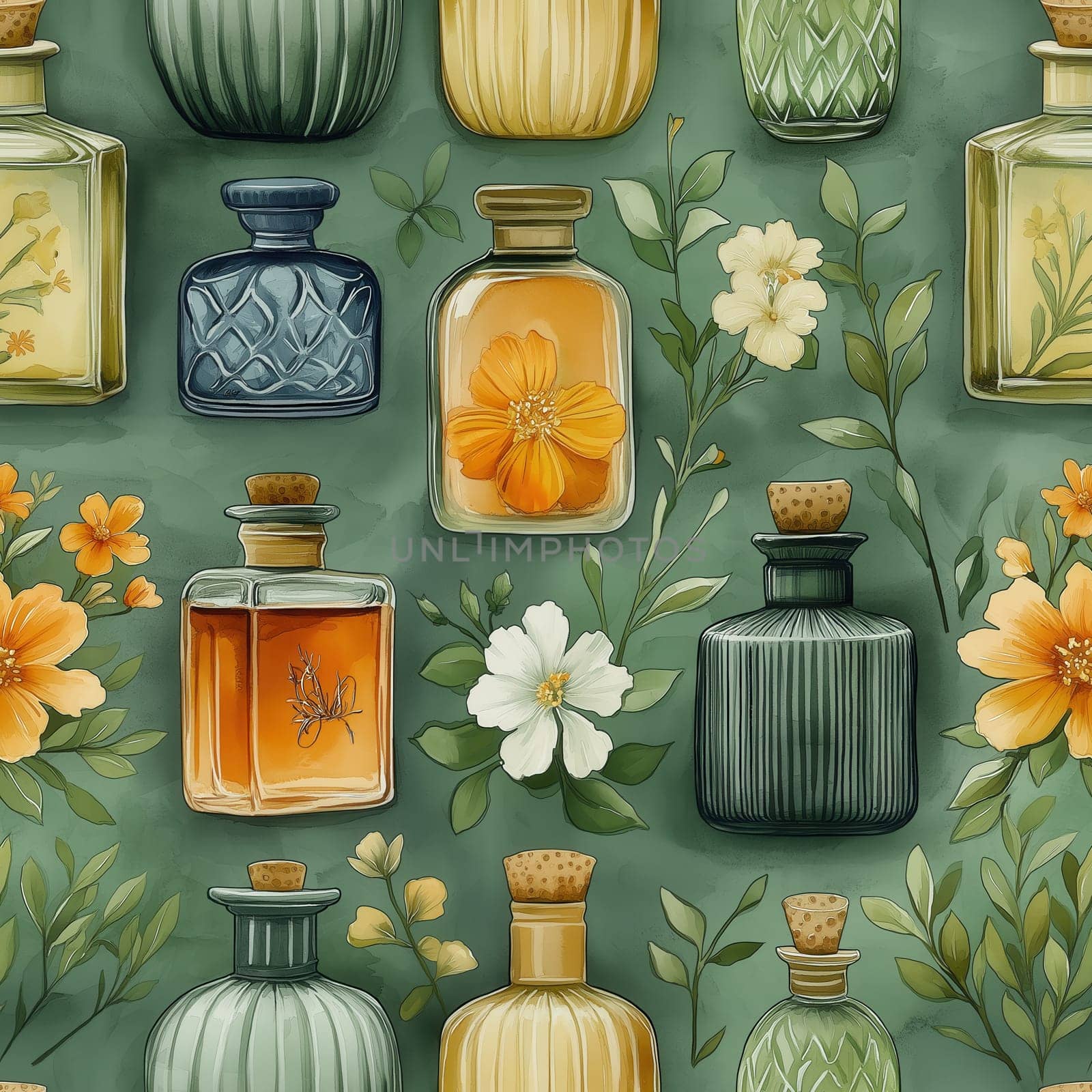 Seamless pattern, illustration with an assortment of perfume bottles. Selective focus.