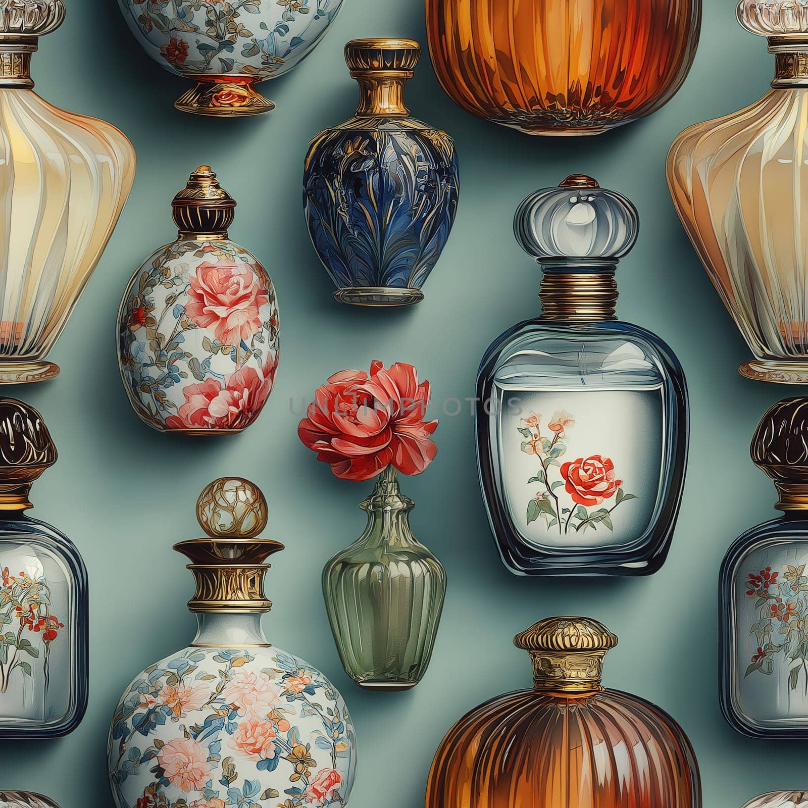 Seamless pattern, illustration with an assortment of perfume bottles. Selective focus.