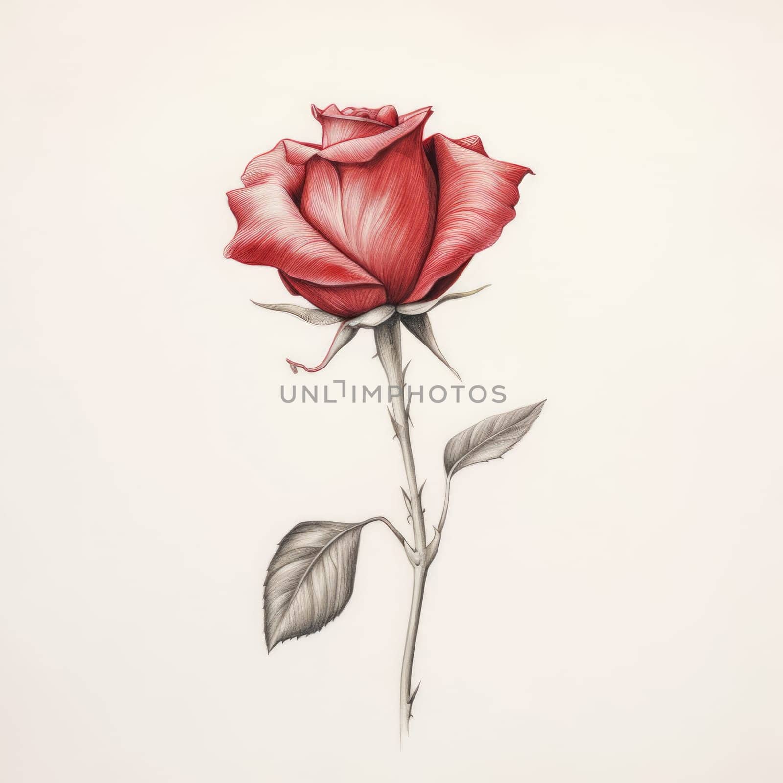 Captivating red rose with vibrant petals and lush green leaves, symbolizing love and passion. Ideal for romantic designs, greeting cards, print and floral art. Evokes elegance and timeless beauty