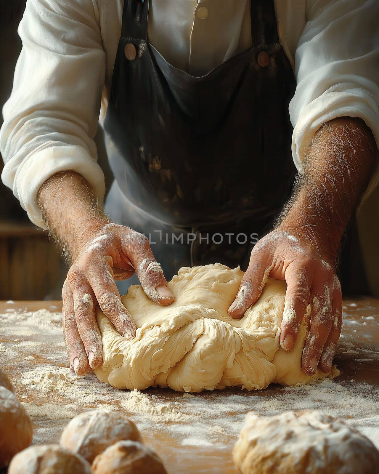 A baker kneads fresh dough on a wooden table early in the morning. Selective focus.