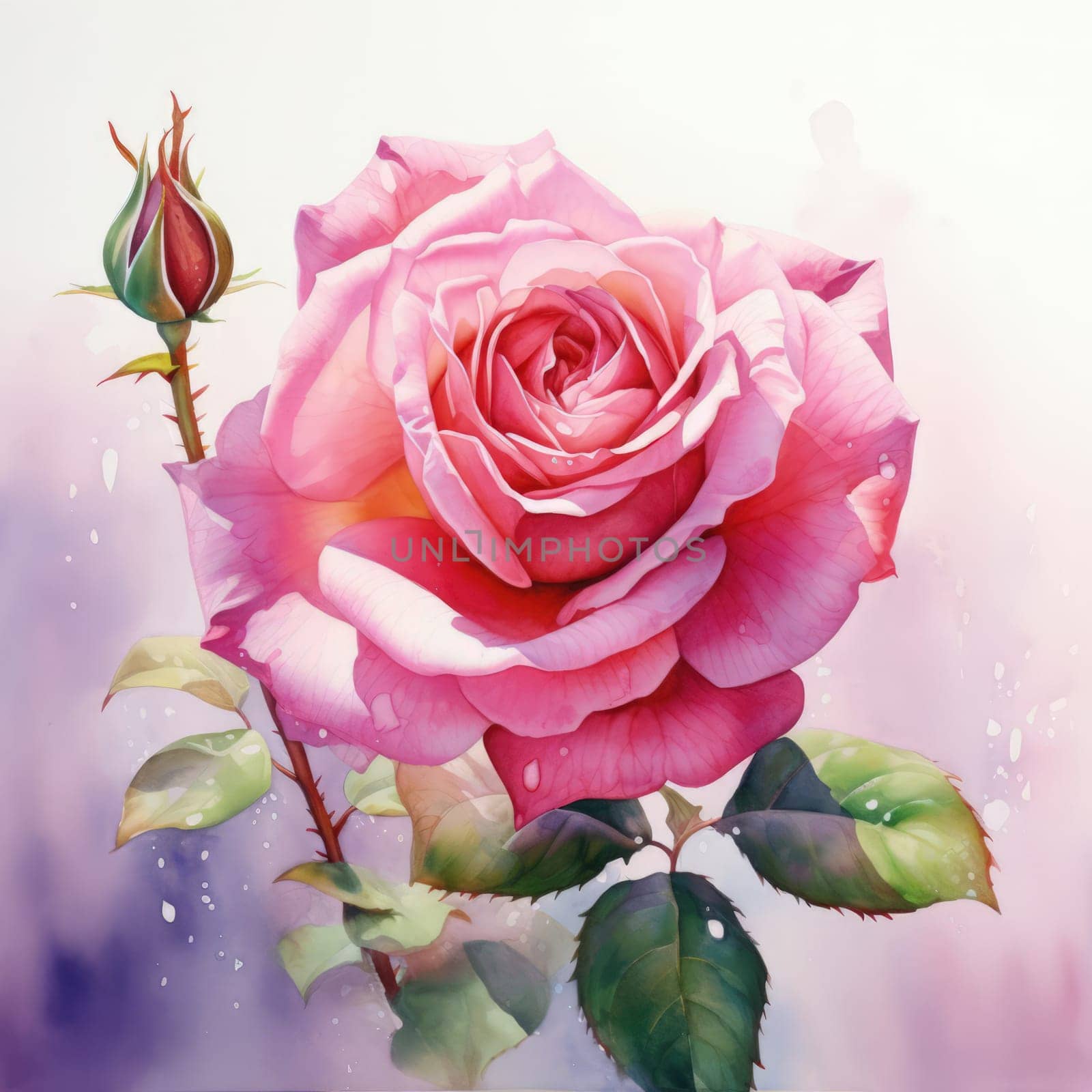 Vibrant red rose in full bloom with budding companion, surrounded by lush greenery. Ideal for botanical art, print, floral designs, and romantic projects. Evokes freshness and natural charm