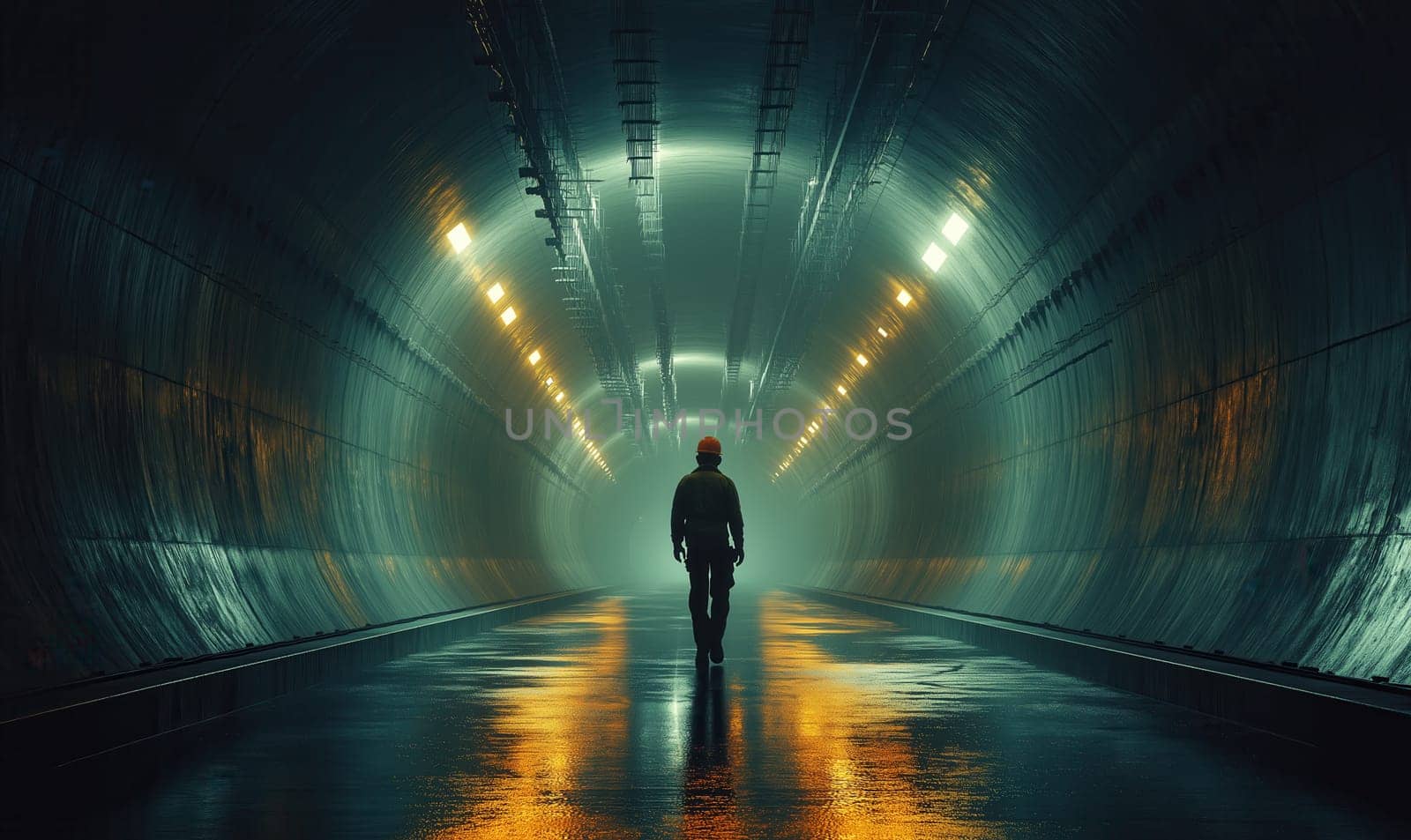 A worker in a hard hat walks in an empty illuminated tunnel. Selective focus.