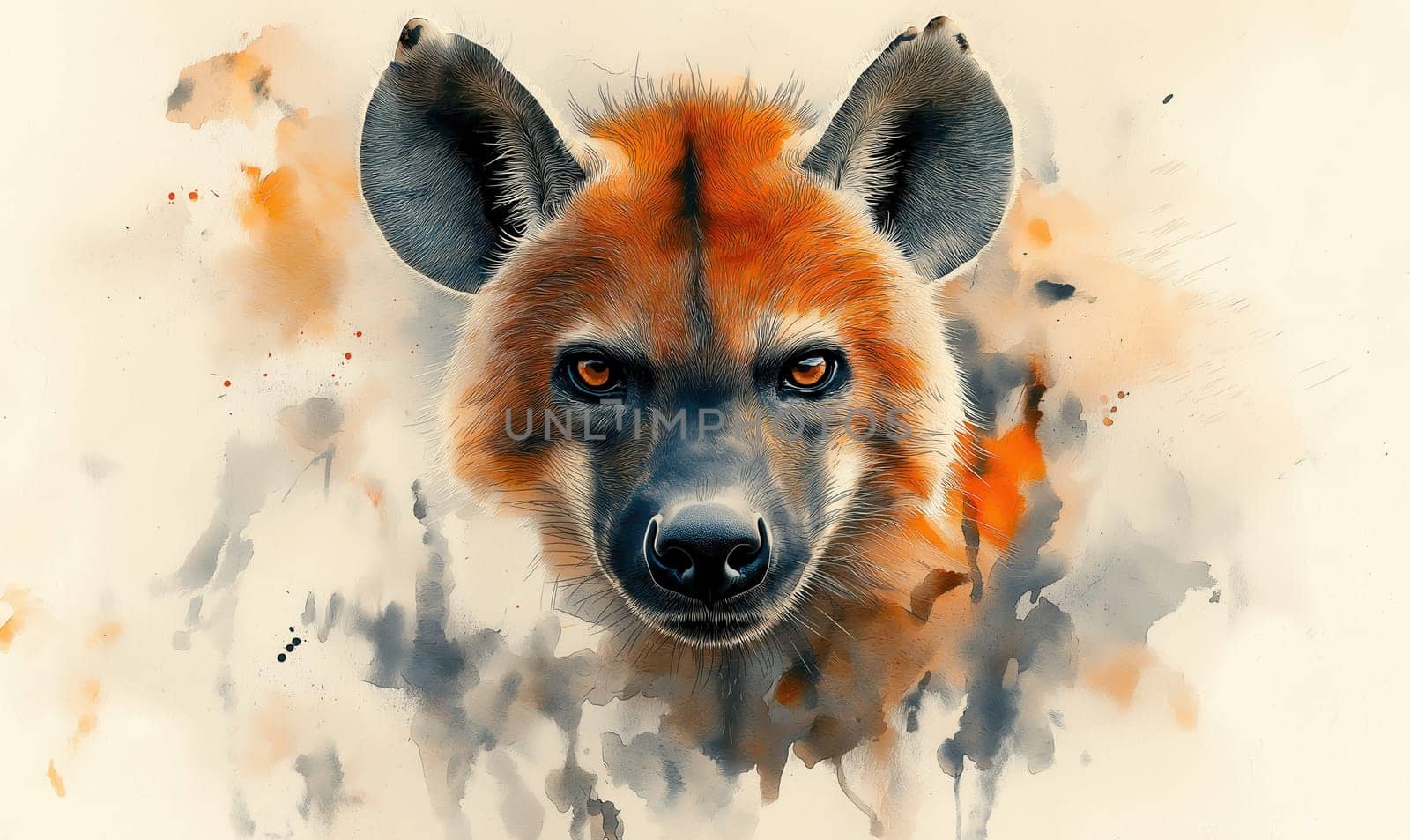 A watercolor painting of an African hyena against a light background. Selective focus.