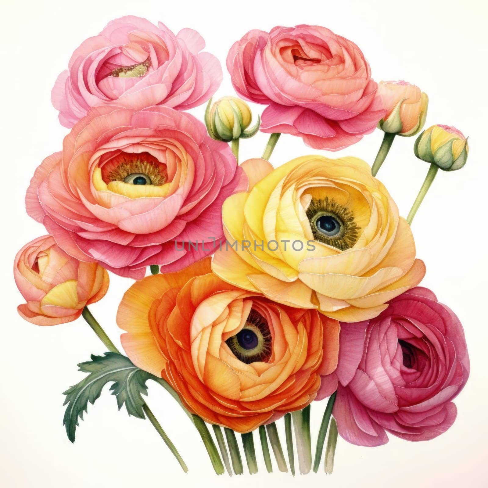 Vibrant bouquet of ranunculus flowers in vivid pink, yellow, orange hues, perfect for spring themed projects. Captures natures beauty, ideal for home decor, greeting cards, floral designs