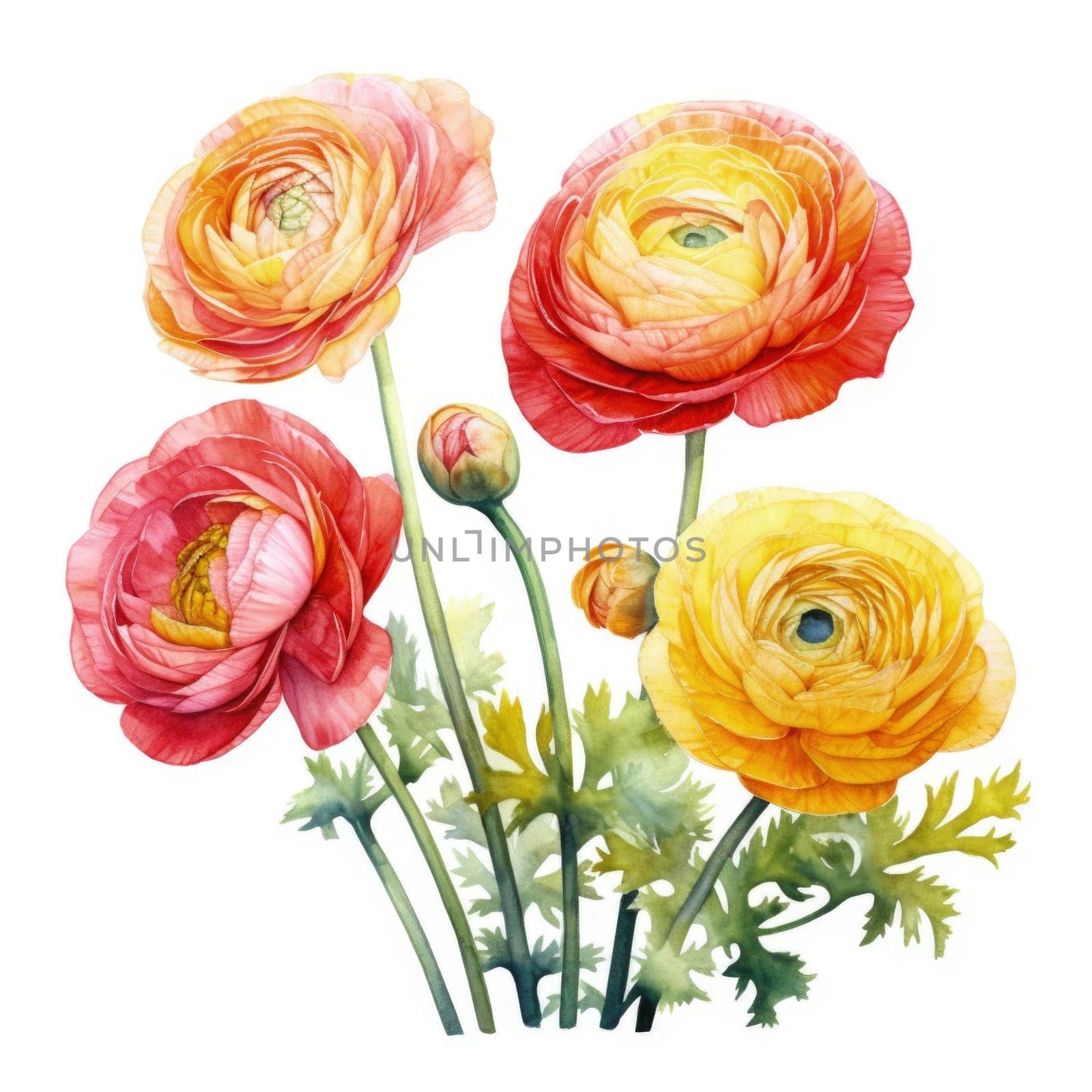 Vibrant bouquet of ranunculus flowers in vivid pink, yellow, orange hues, perfect for spring themed projects. Captures natures beauty, ideal for home decor, greeting cards, floral designs