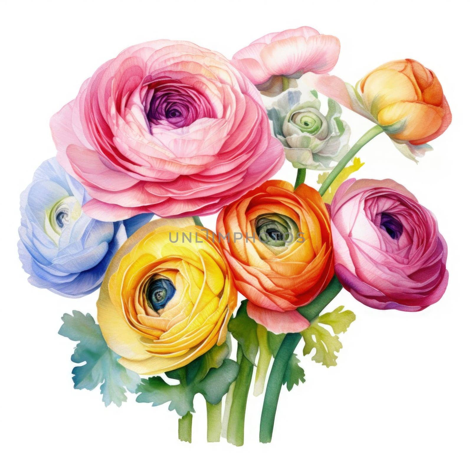 Stunning ranunculus arrangement showcasing rich colors and delicate petals. Perfect for adding touch of elegance to any design project, including posters, invitations, and interior decor