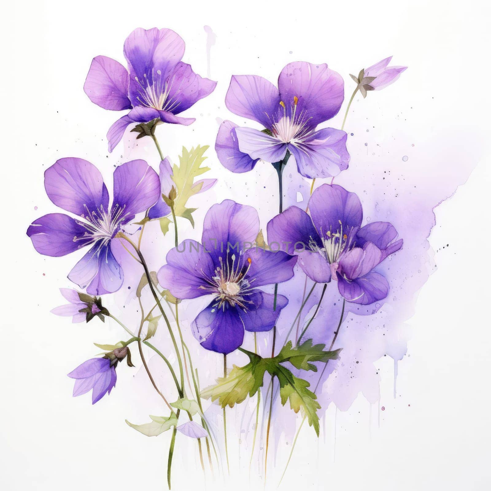 Elegant watercolor illustration of purple flowers with delicate petals and soft green stems. Ideal for floral designs, artistic projects, and decor seeking a touch of natural beauty