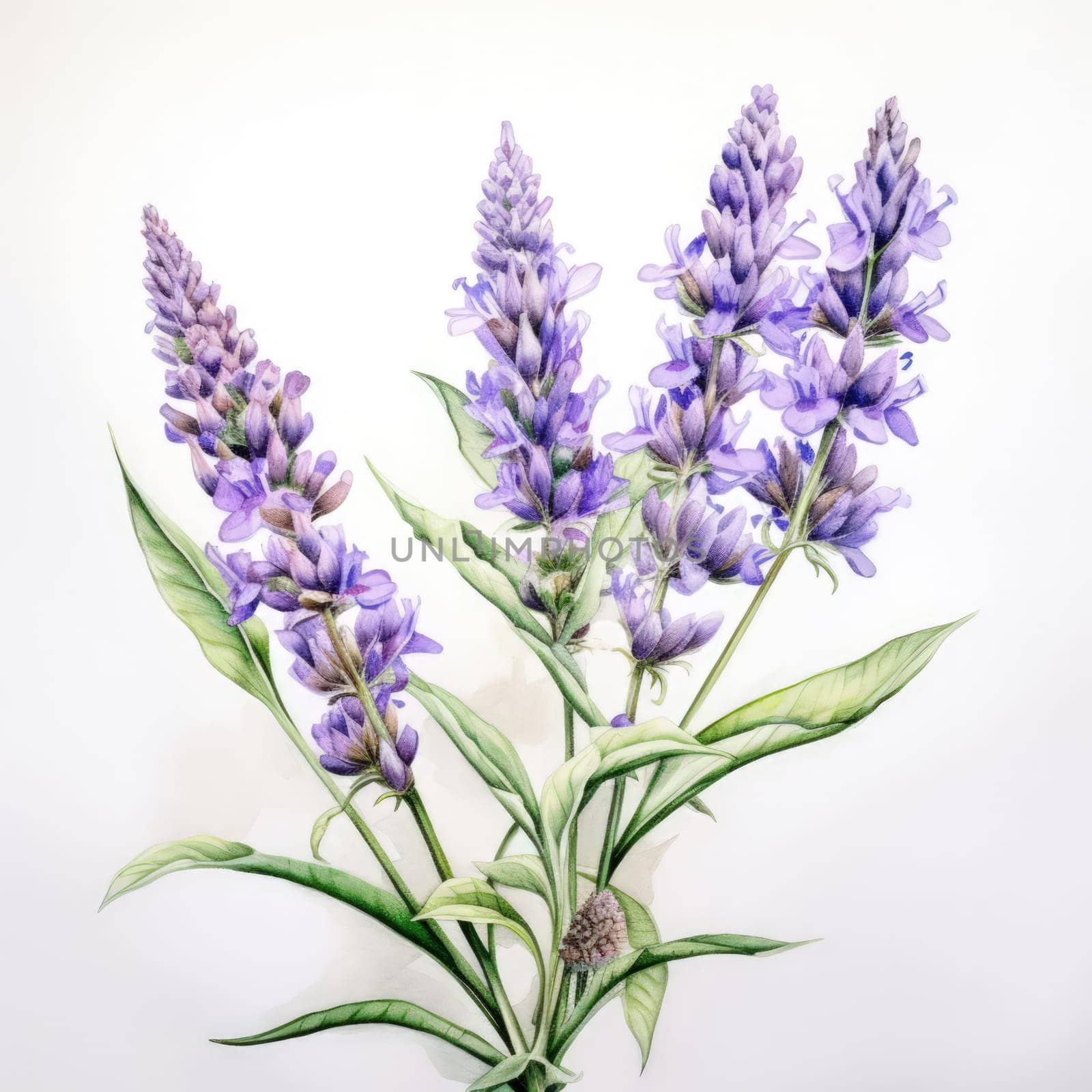 Charming depiction of lavender blooms with soft watercolor strokes, highlighting rich purples and lush greenery. Ideal for floral designs, creative projects, and tranquil home decor
