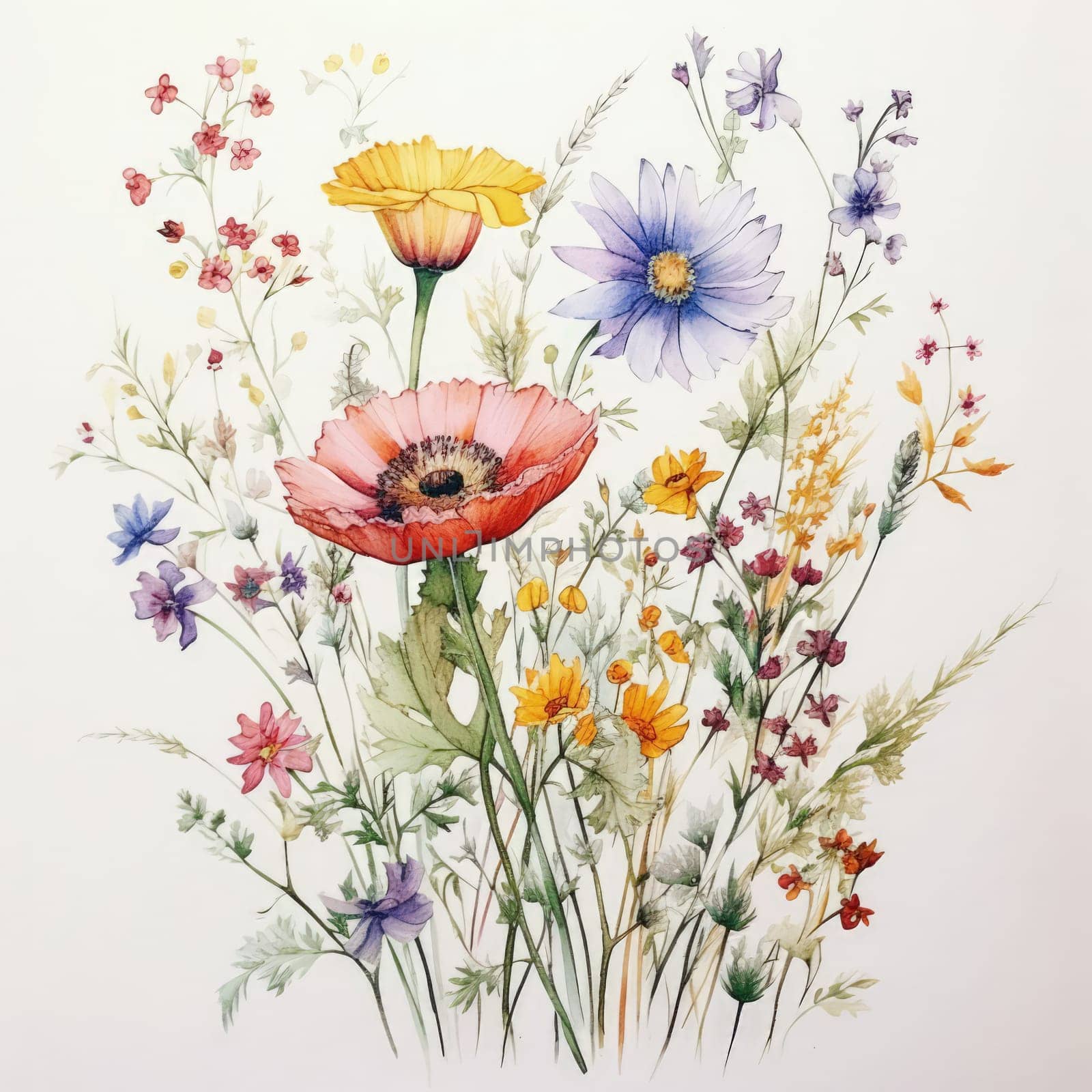 Vibrant watercolor illustration of wildflowers in a burst of colors, showcasing delicate petals and lush greenery. Perfect for floral designs, artistic projects, and nature inspired decor