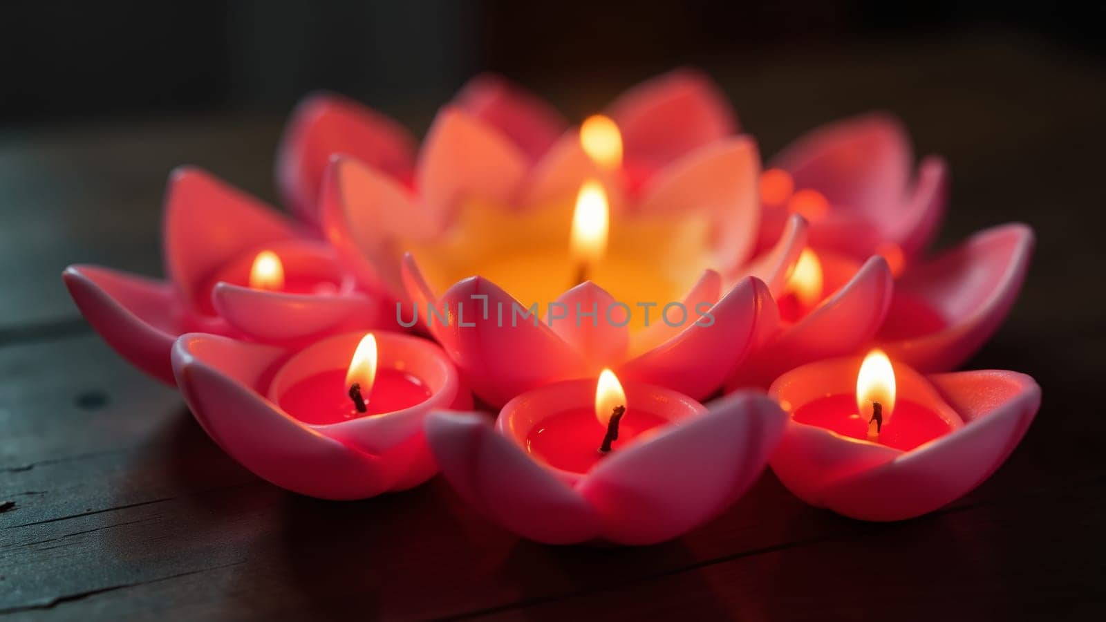 A beautiful lotus-shaped arrangement of candles casts a warm, inviting glow in the dim evening light, creating a tranquil atmosphere perfect for relaxation or meditation.