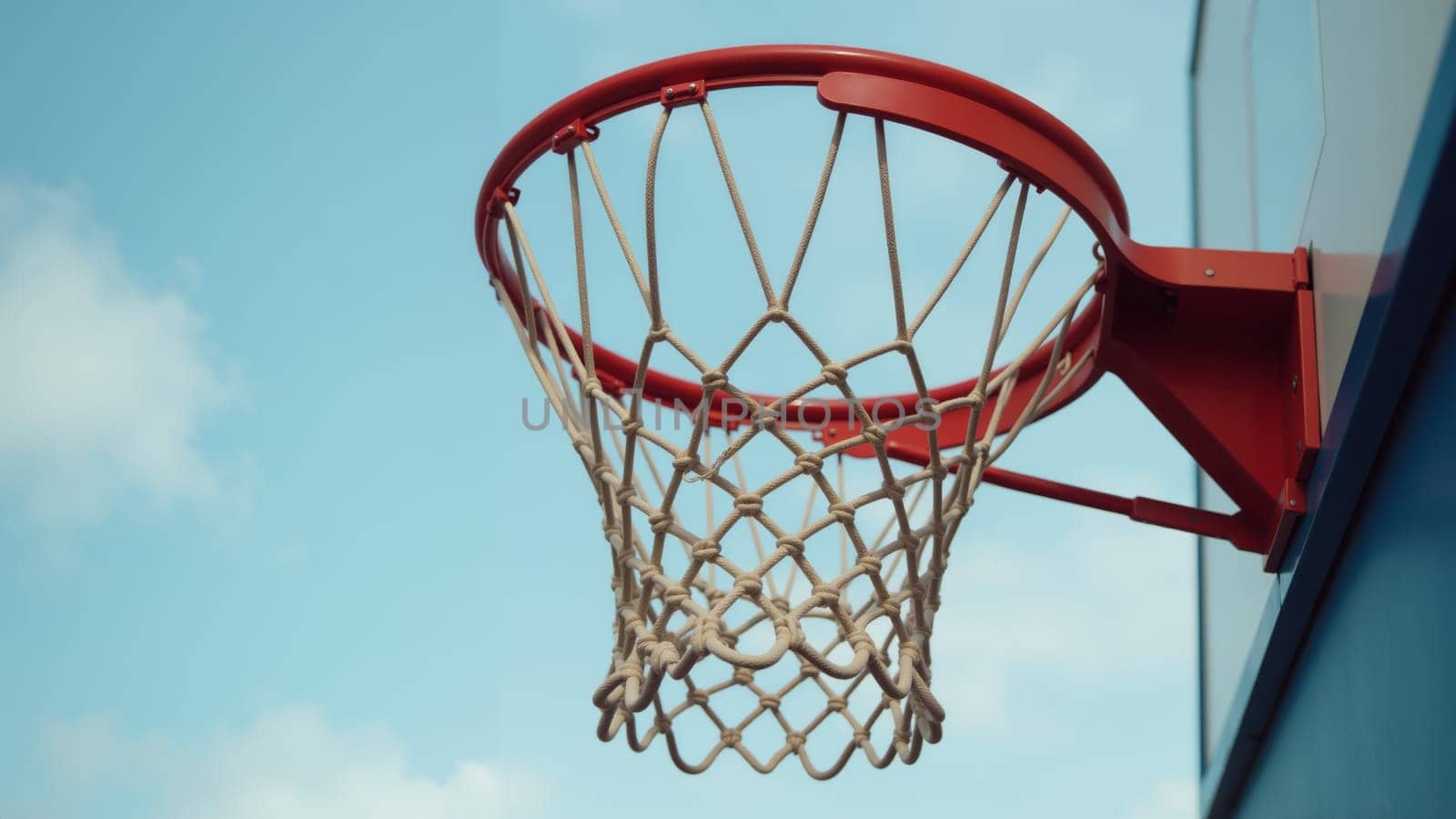 The bright basketball hoop hangs against a serene blue sky, its net gently swaying in the breeze, inviting players for a friendly match or practice on a warm afternoon.