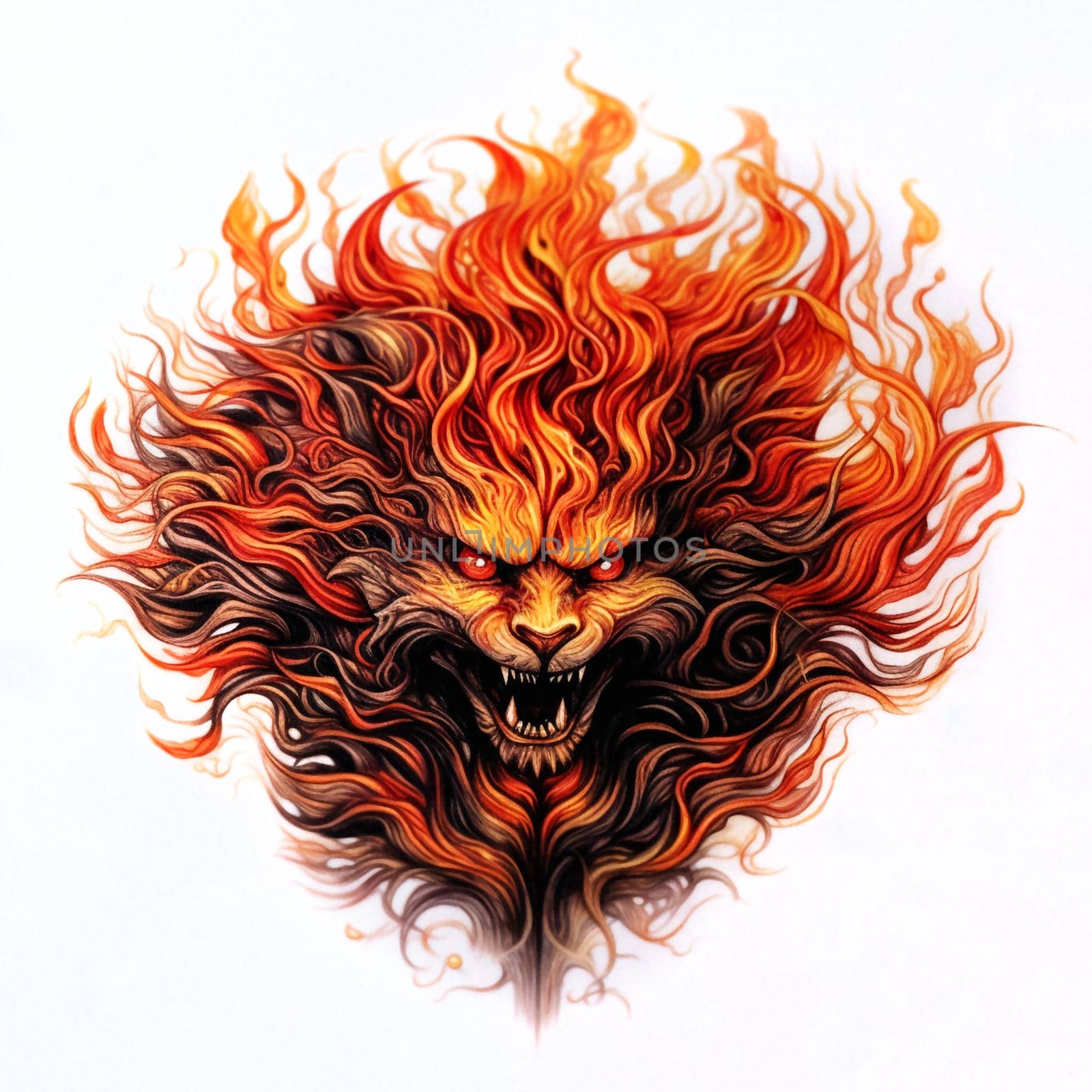 A fiery looking lion with red eyes and a mouth full of teeth. The lion is depicted with a fierce and angry expression, as if it is ready to attack