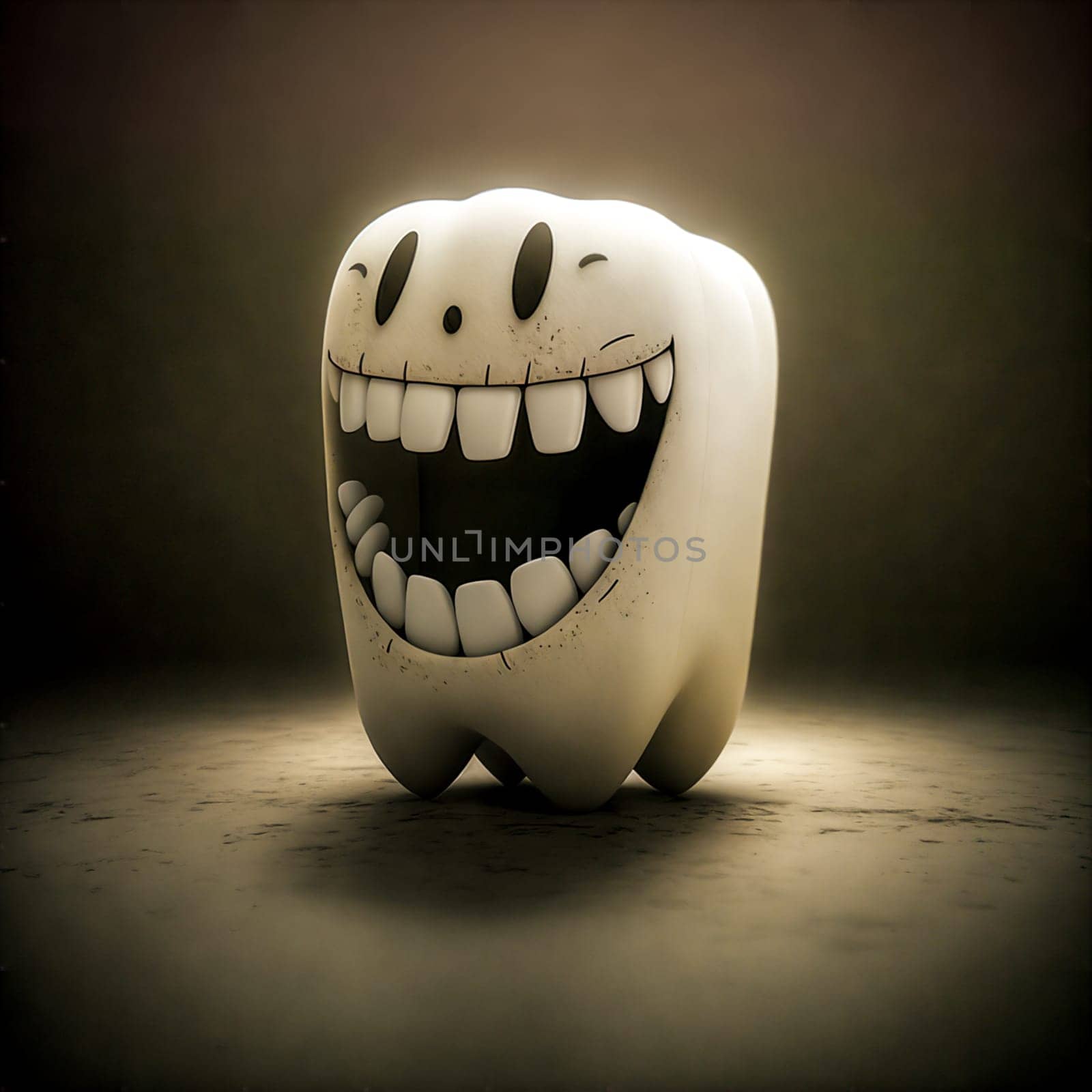 A cartoon tooth is smiling and has its mouth wide open. The tooth is white and has a black nose