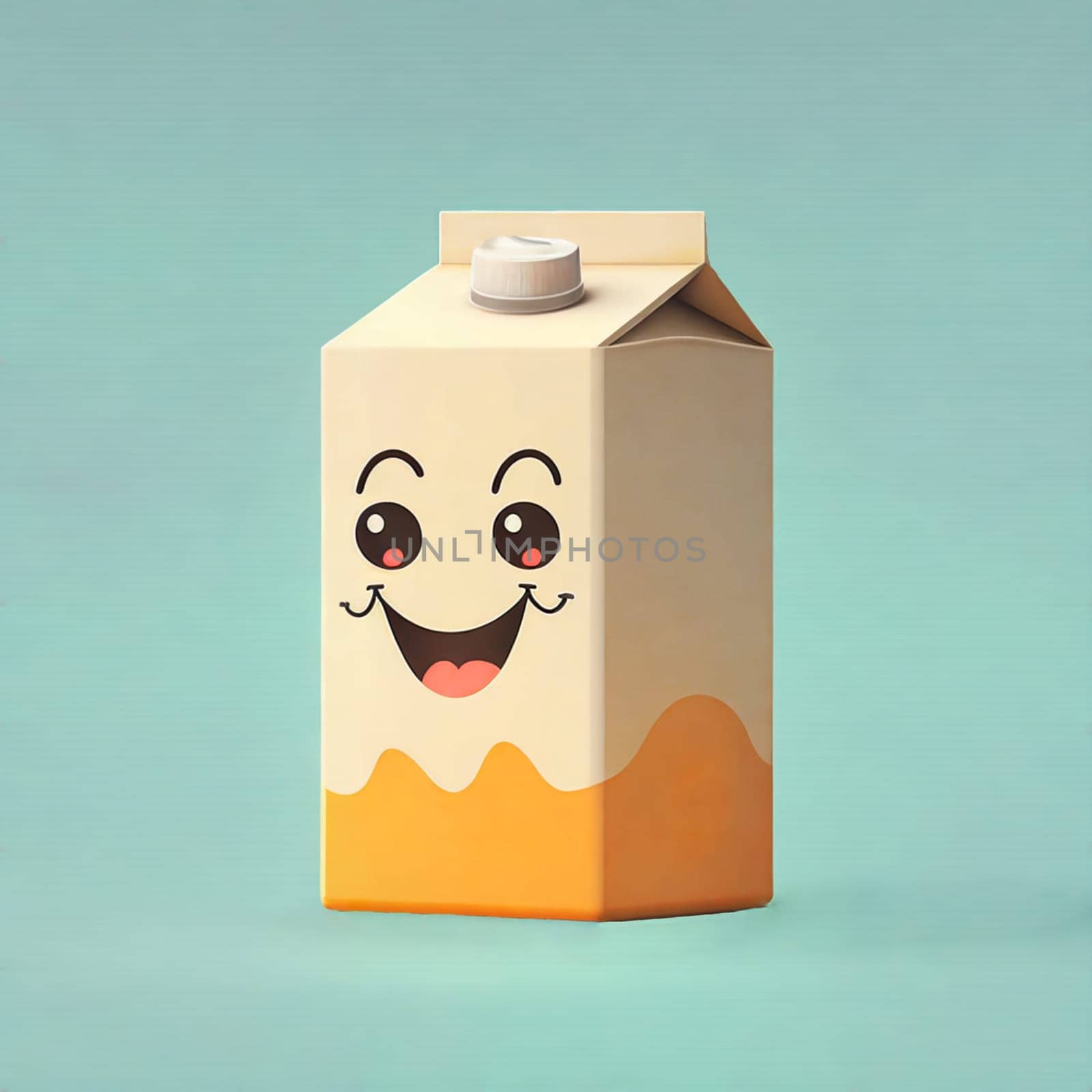 A cartoon milk carton with a smiling face on it. The cartoon face is smiling and has a happy expression