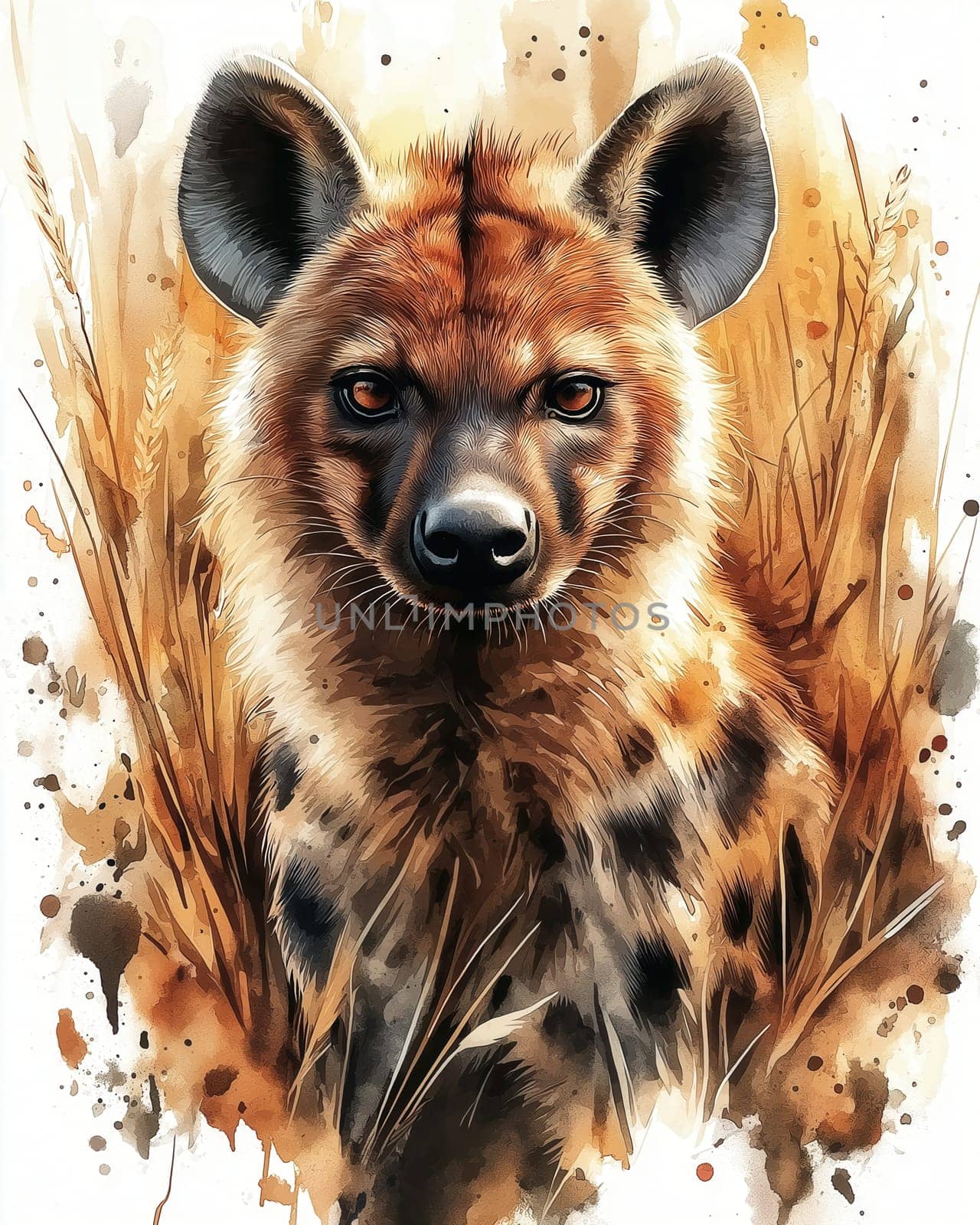 A watercolor drawing of an African hyena on a white background. Selective focus.