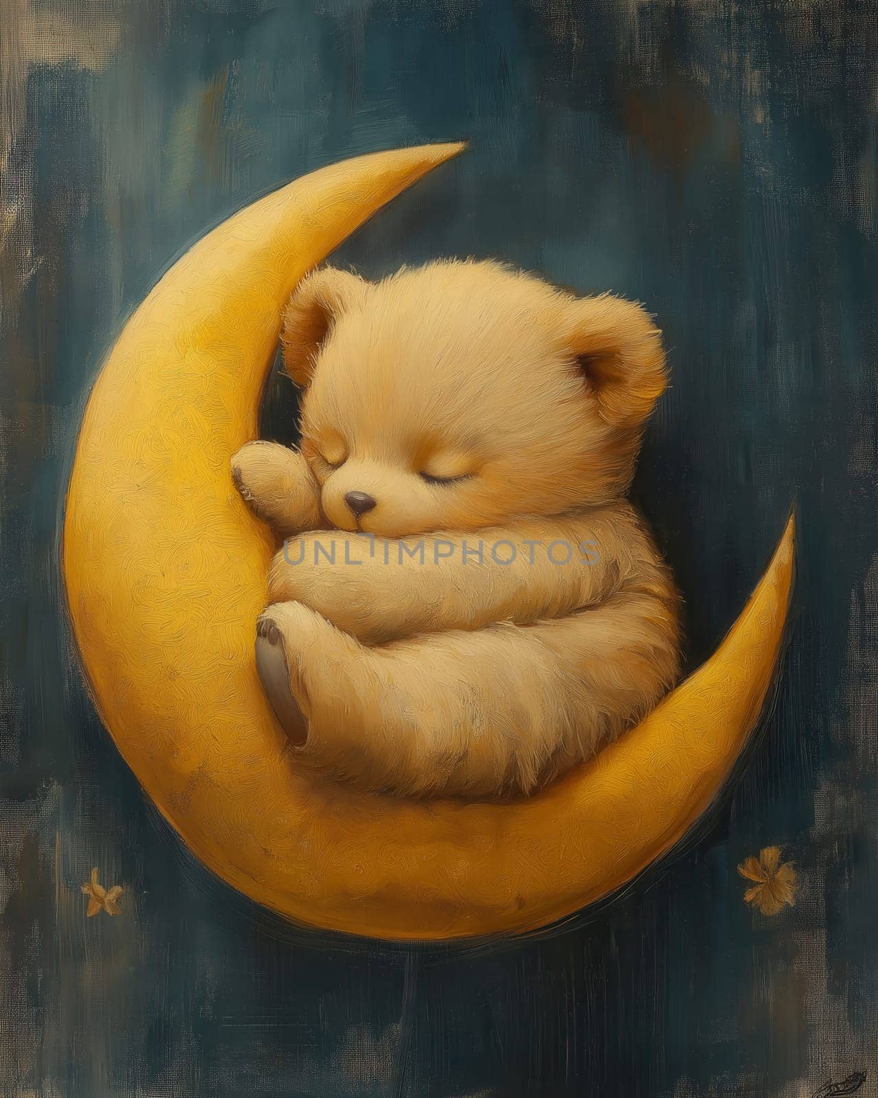 Cartoon bear sleeping on a moon on a blue background. Selective focus.