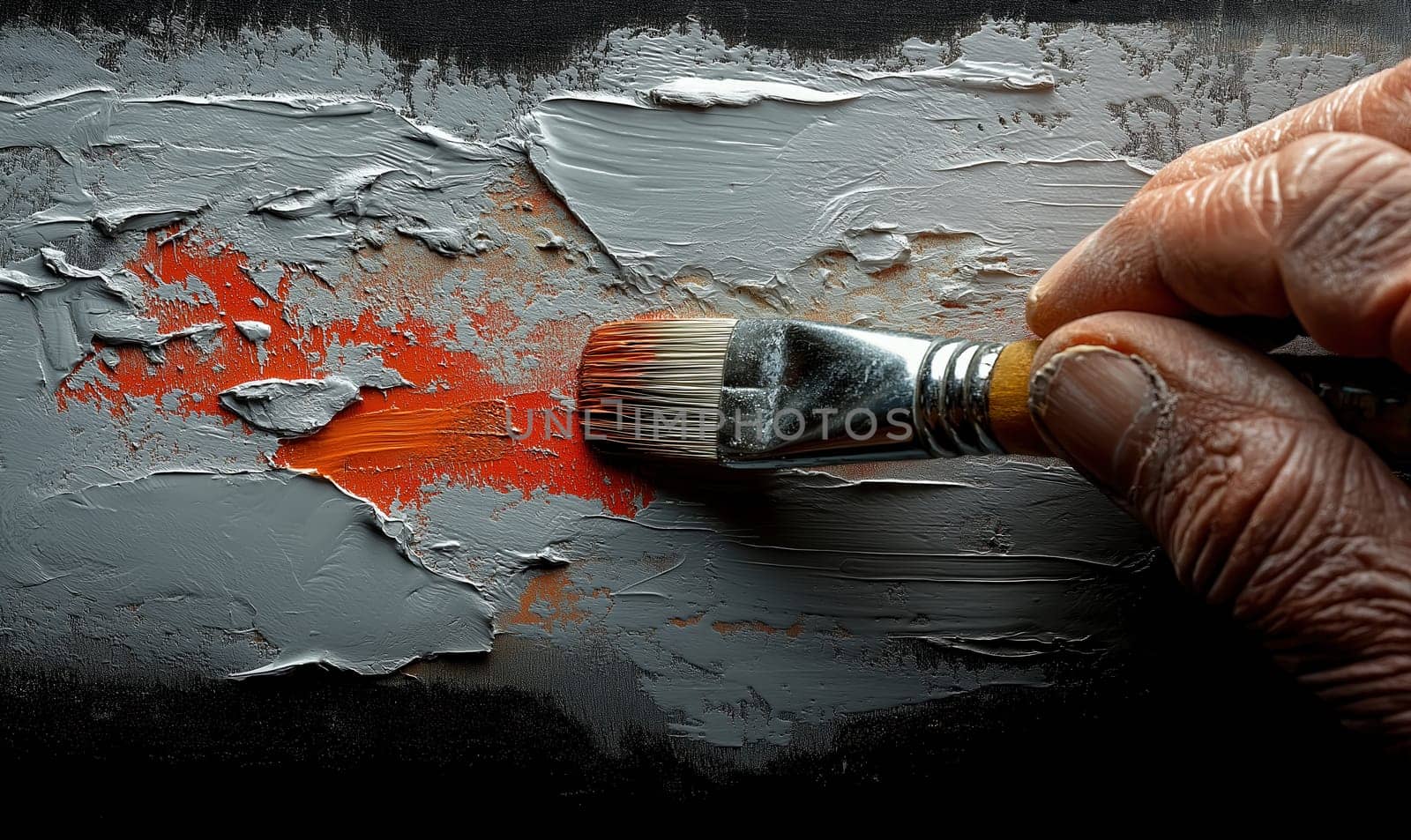 A hand applying paint with a brush to a surface. Selective focus.