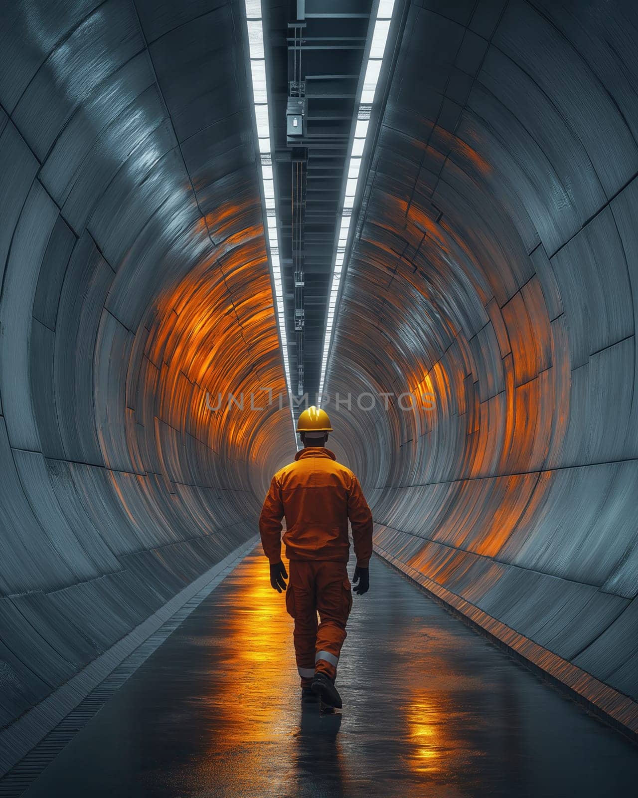 A worker in a hard hat walks in an empty illuminated tunnel. Selective focus.
