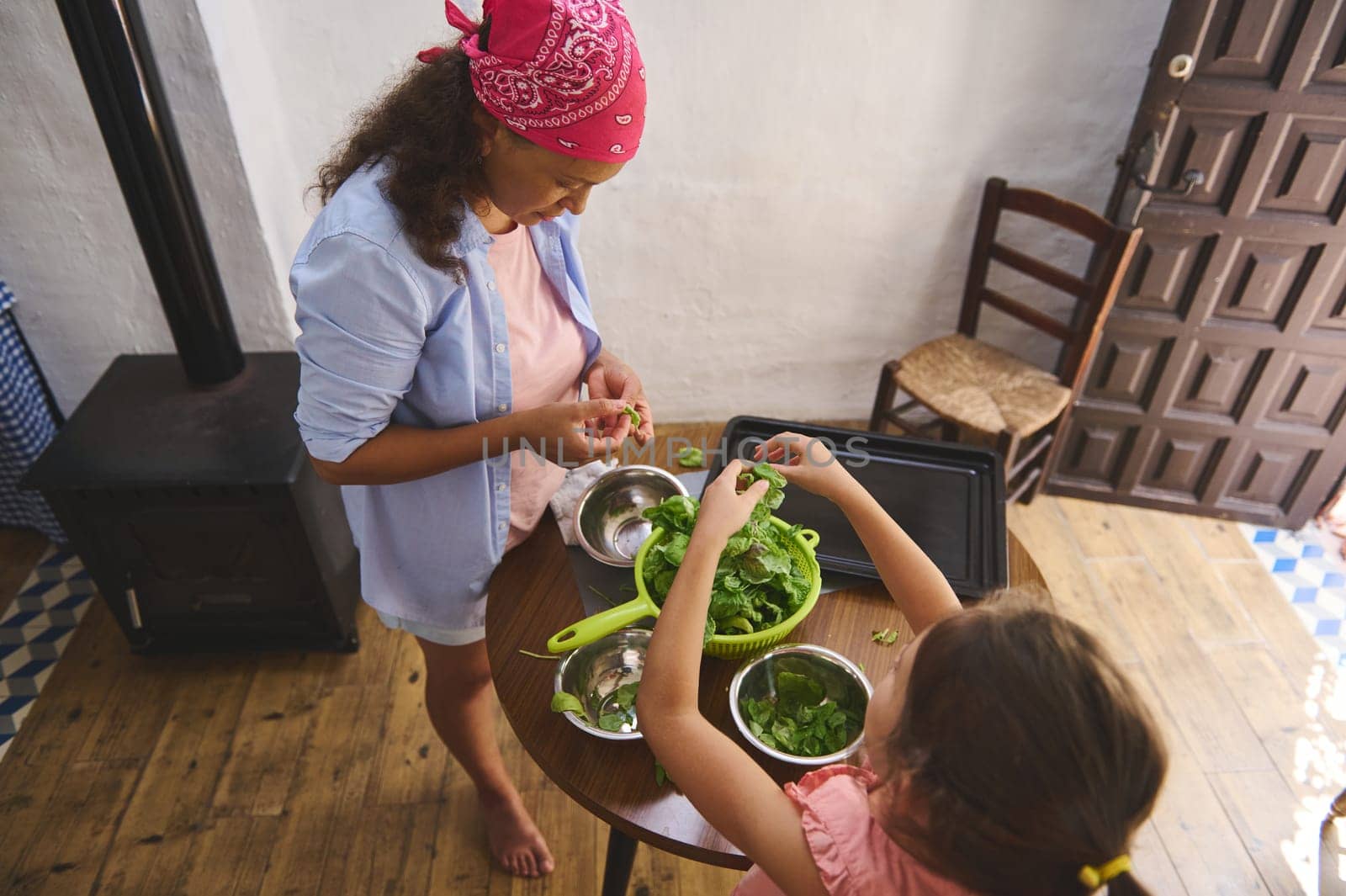 A mother and daughter enjoy preparing a fresh green salad together in a cozy rustic kitchen. Bonding and healthy eating are the focus as they laugh and share their culinary skills.