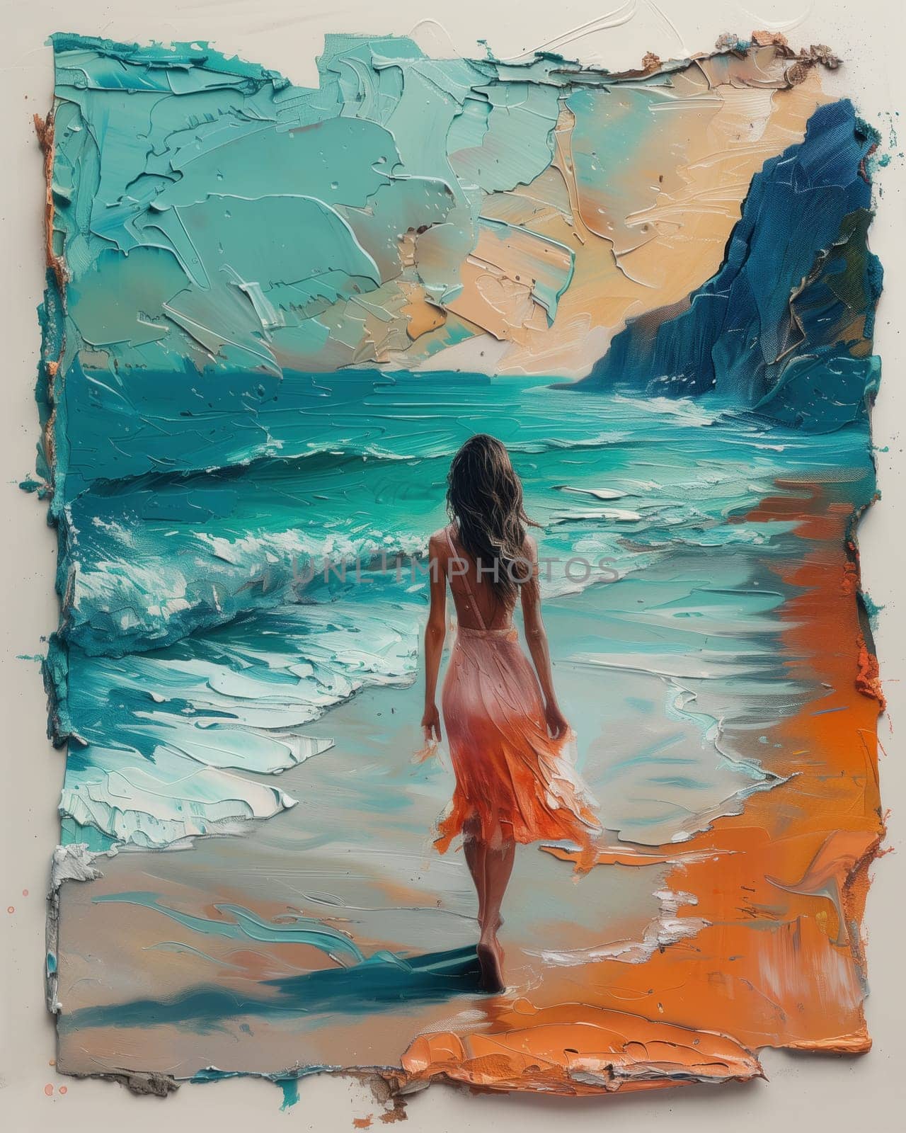 Oil painting of a girl walking on a beach. Selective focus.