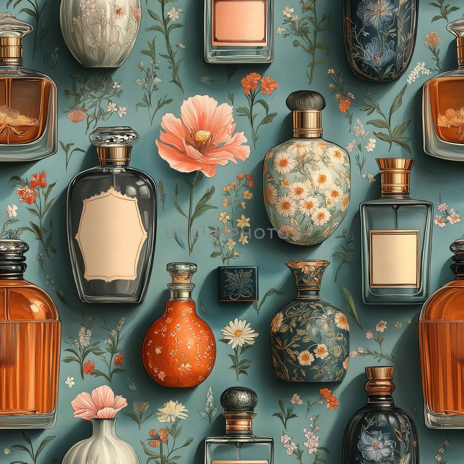 Seamless pattern, illustration with an assortment of perfume bottles. Selective focus.