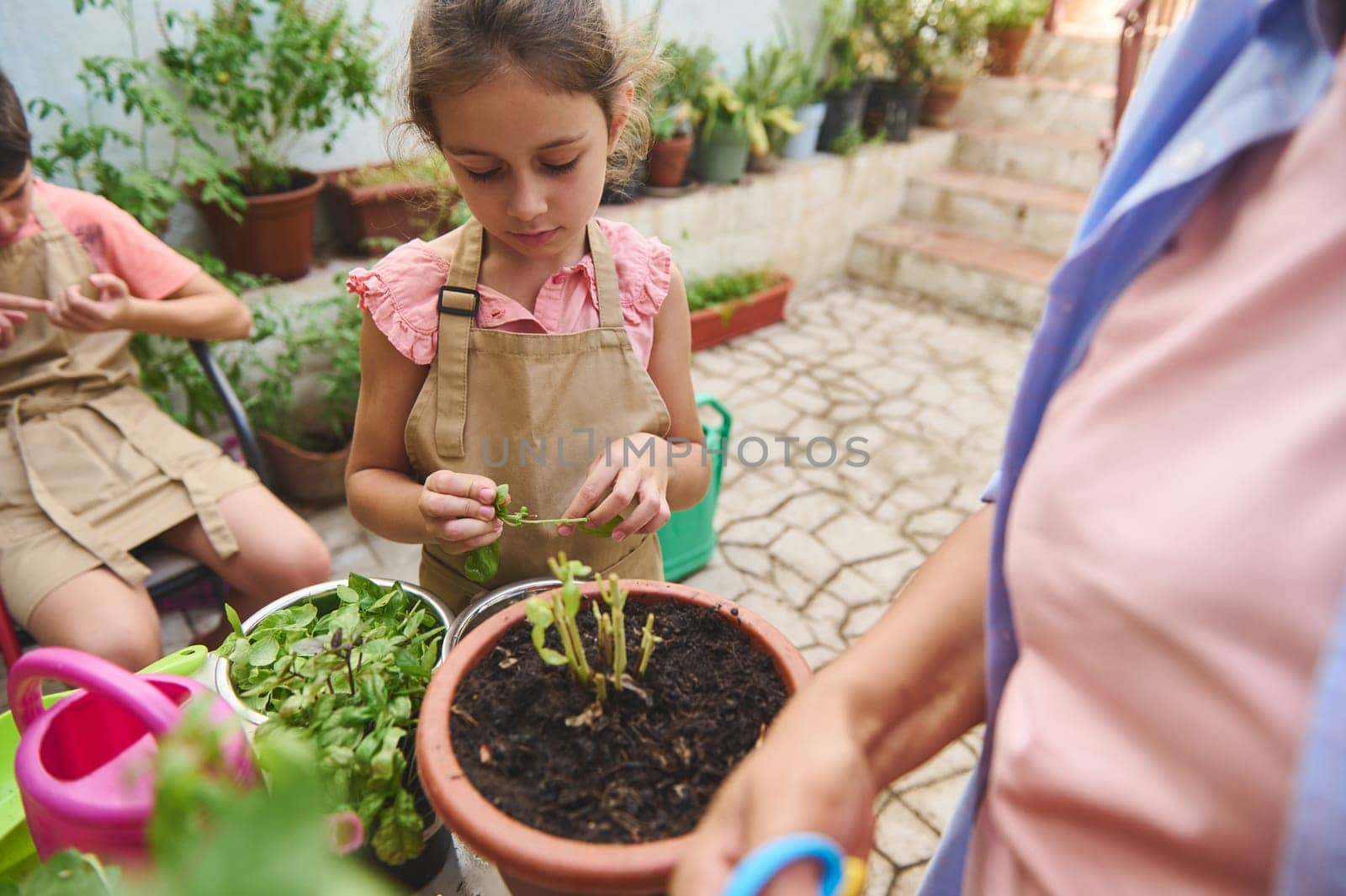 A young girl in an apron focuses on gardening in a patio setting, guided by an adult. Surrounded by pots and plants, the scene conveys learning, nurturing, and nature.
