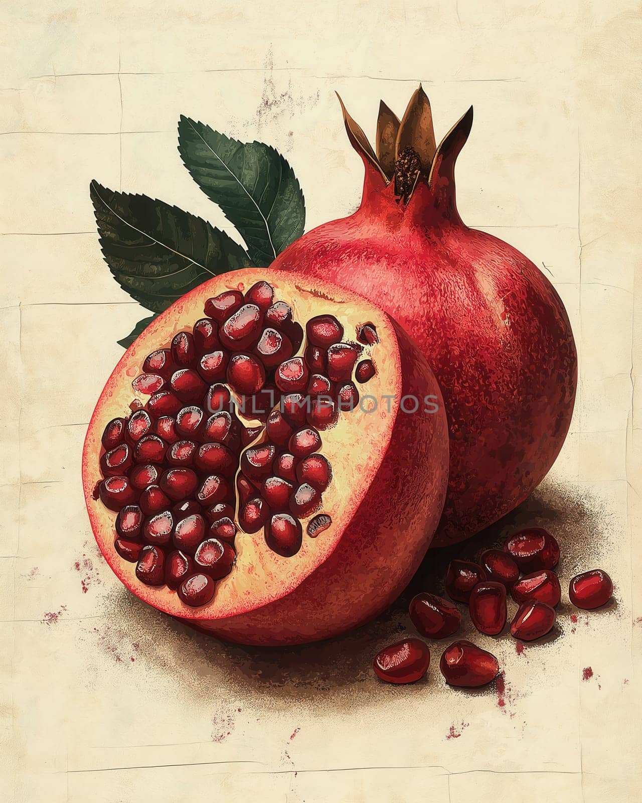 Vintage illustration of a pomegranate with seeds on a textured background. Selective focus.