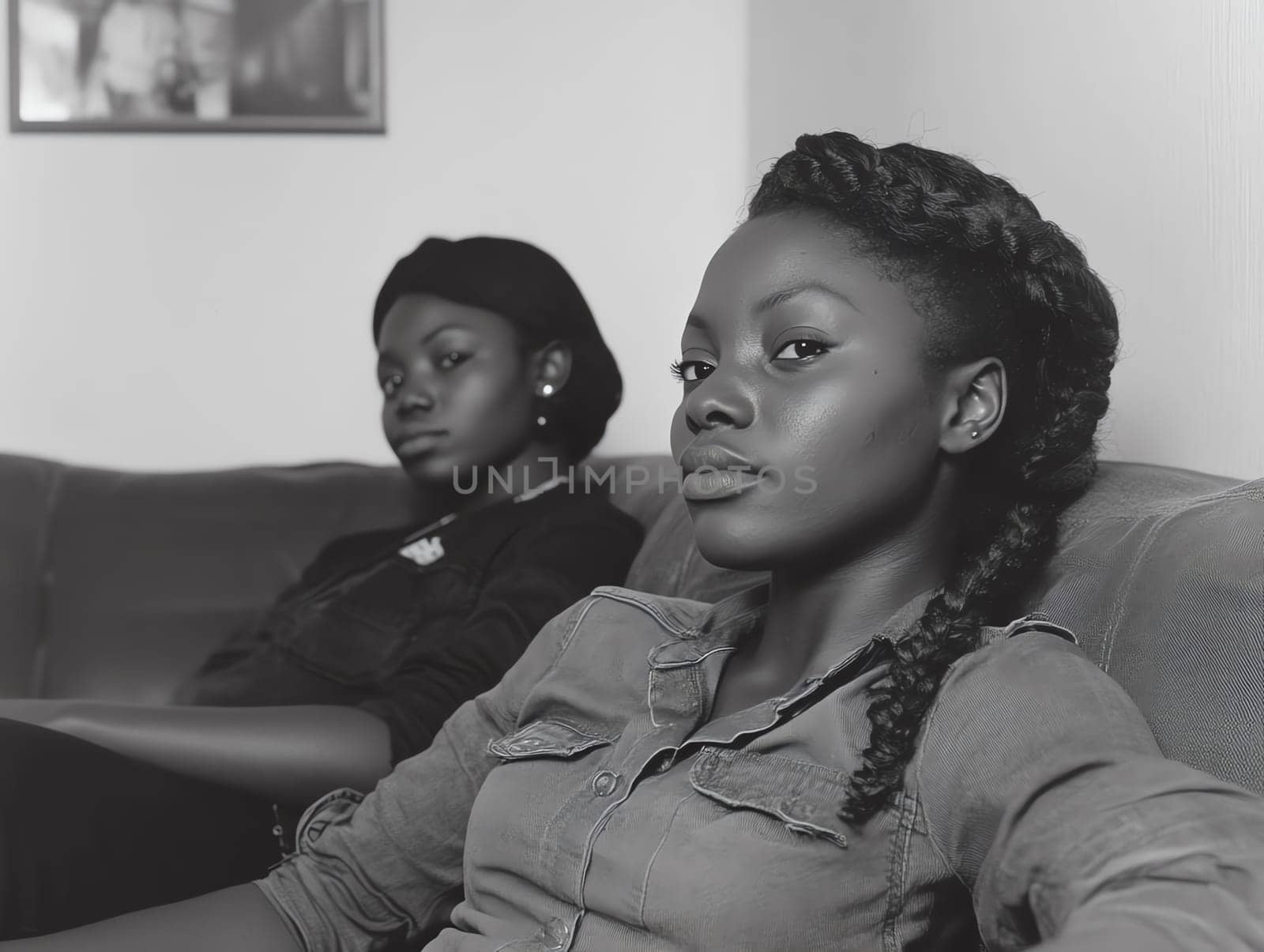 Two women sitting on a couch. One is wearing a black shirt and the other is wearing a white shirt