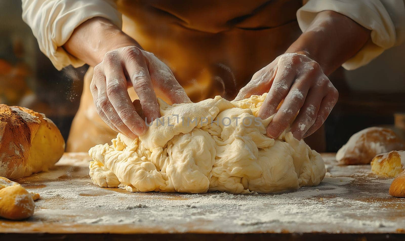 A baker kneads fresh dough on a wooden table early in the morning. Selective focus.