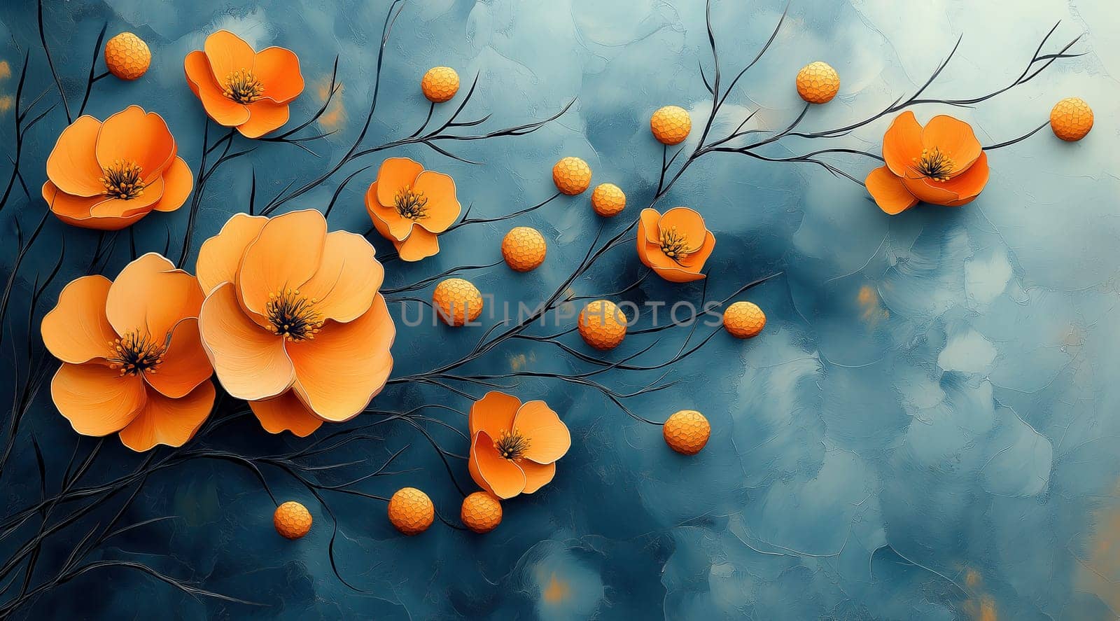 Painting, blooming branch with orange flowers on blue textured background. Selective focus.