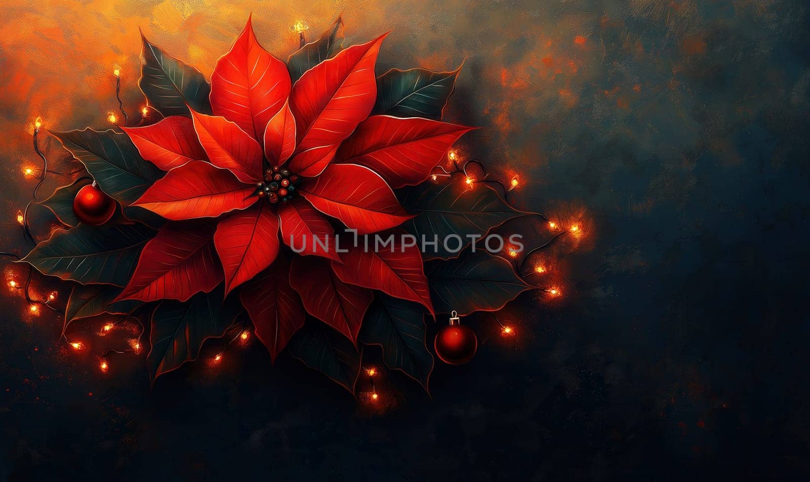 A Christmas card with delicate poinsettia. Selective focus.