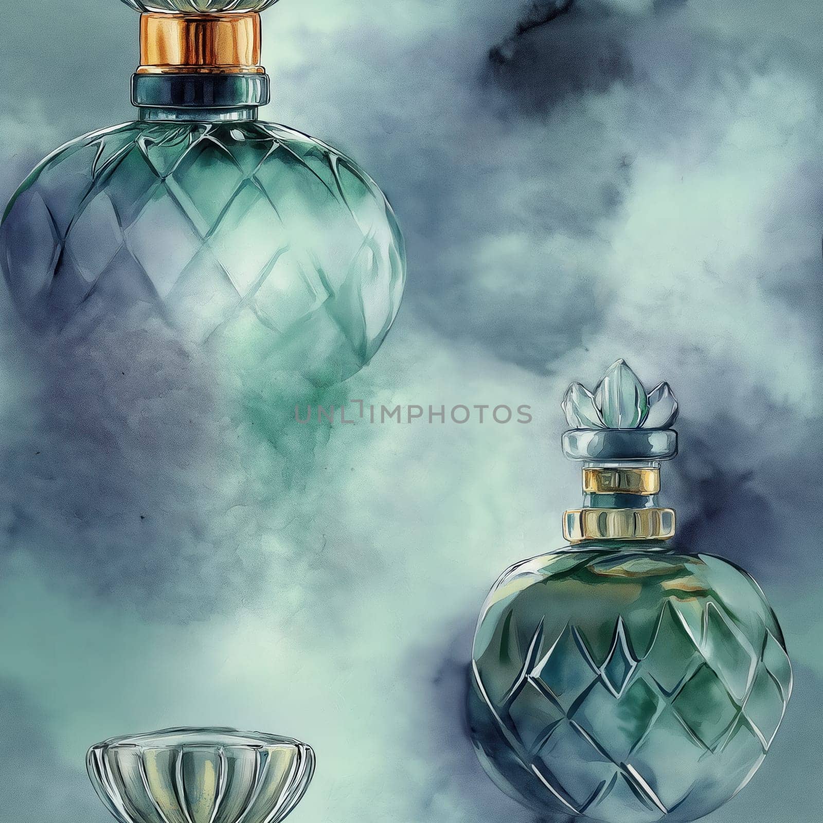 Seamless pattern, illustration with an assortment of perfume bottles. Selective focus.