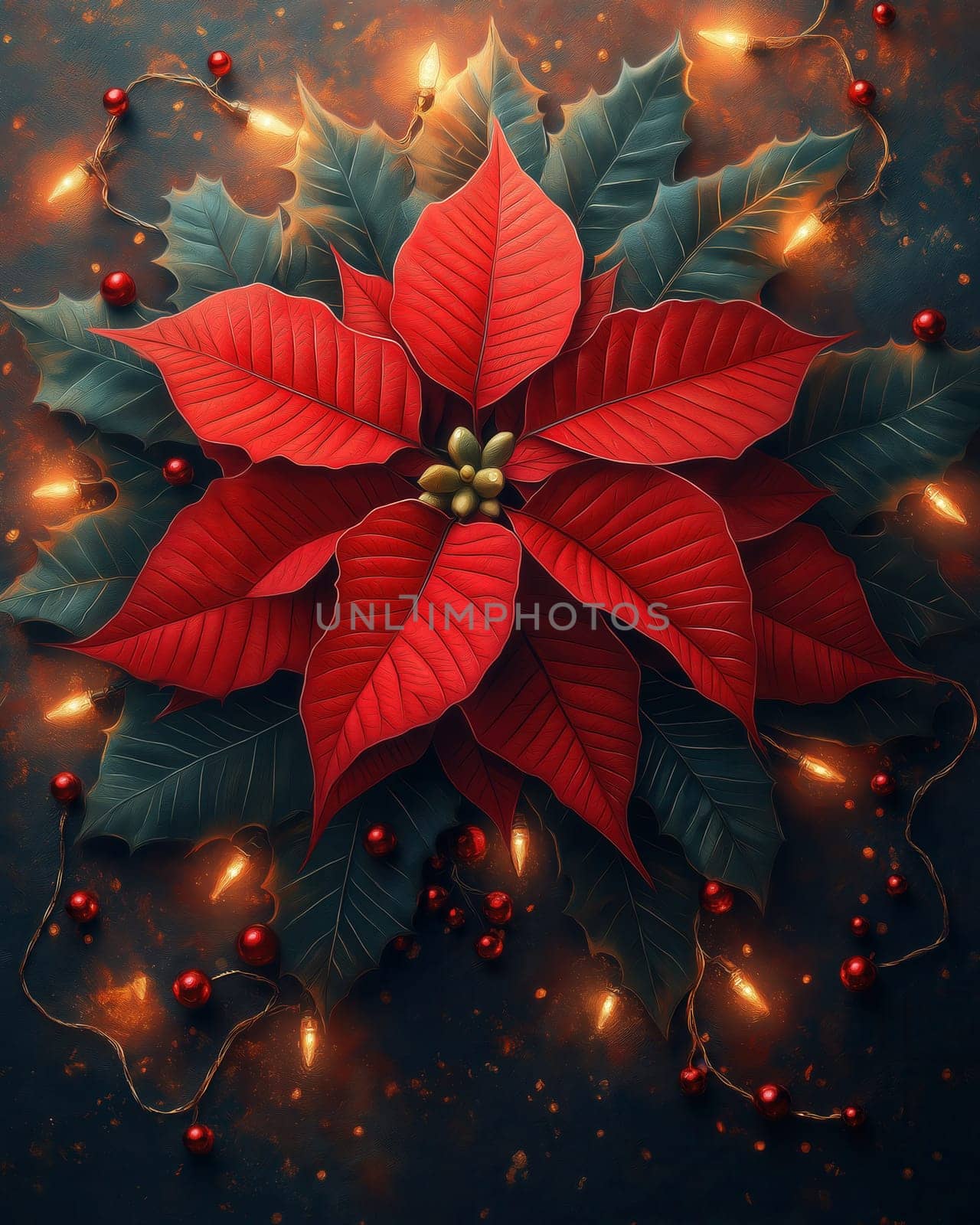 A Christmas card with delicate poinsettia. Selective focus.