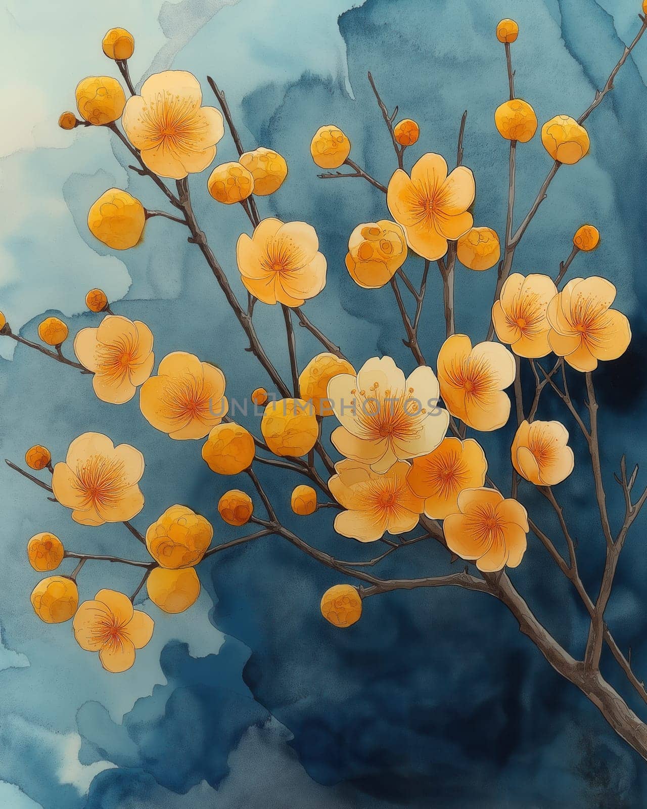 Painting, blooming branch with orange flowers on blue textured background. Selective focus.