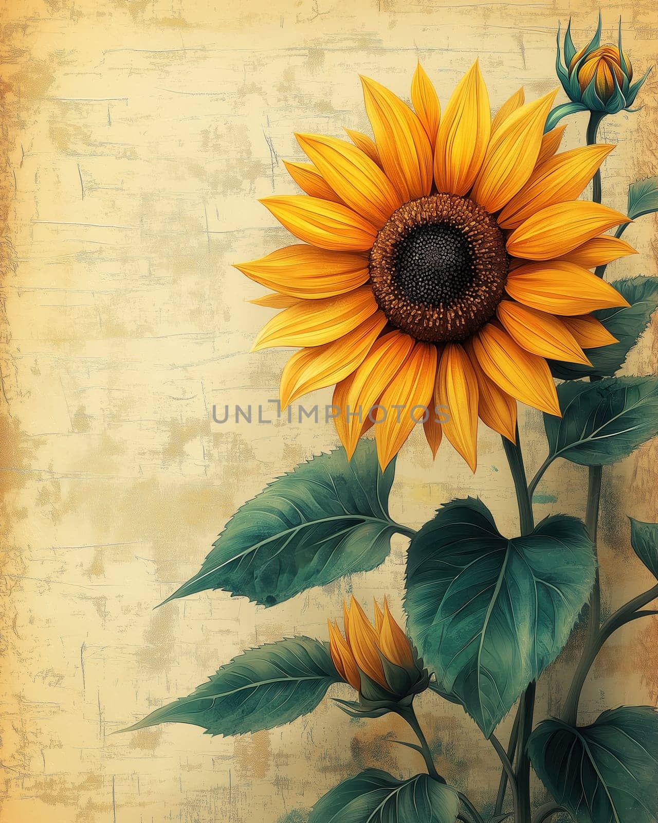Watercolor, sunflowers on light background, vintage style. Selective focus.