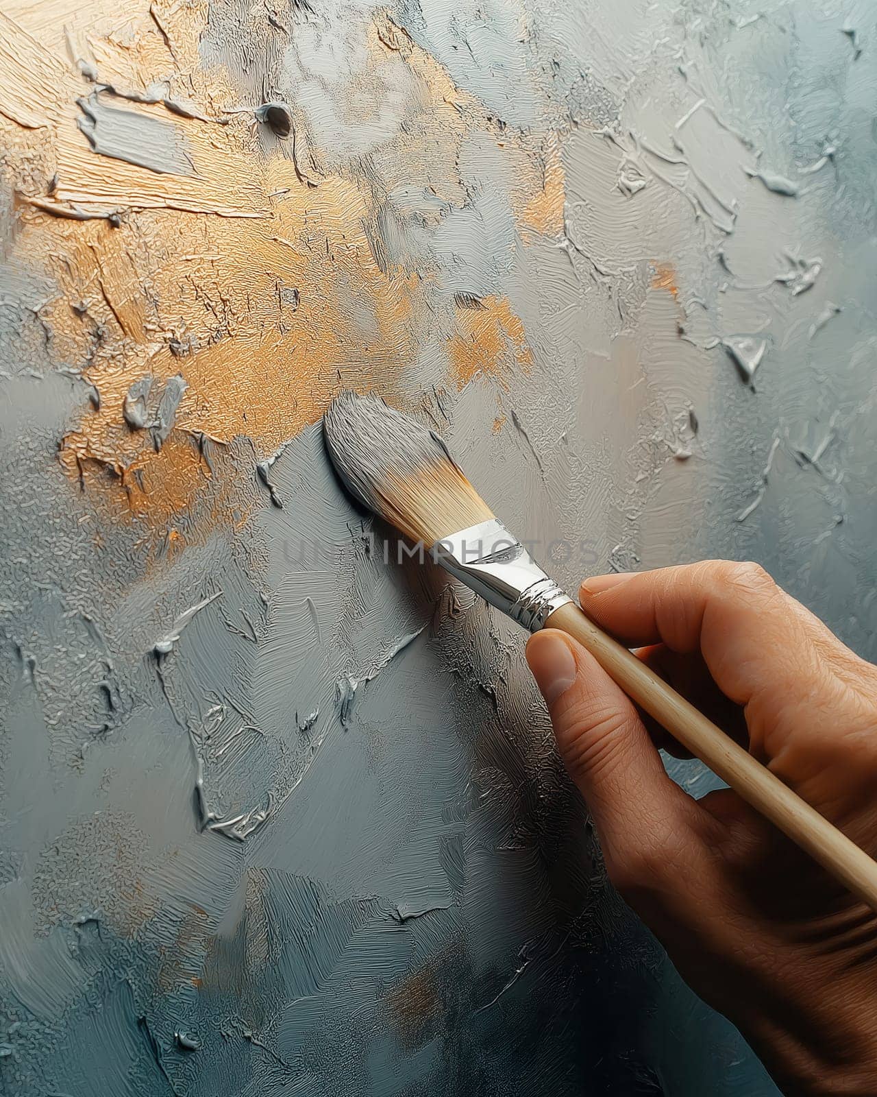 A hand applying paint with a brush to a surface. Selective focus.