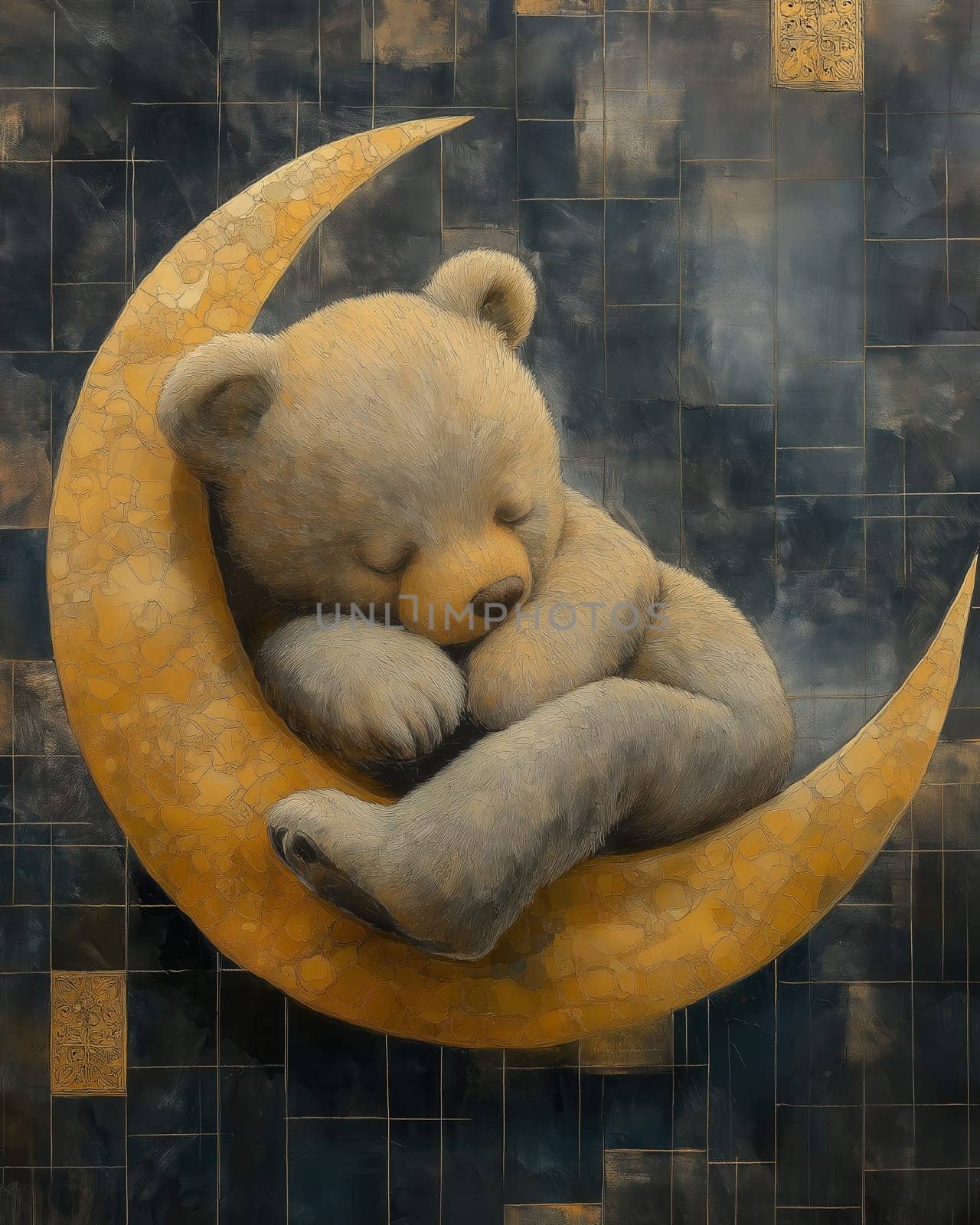 Cartoon bear sleeping on a moon on a blue background. Selective focus.