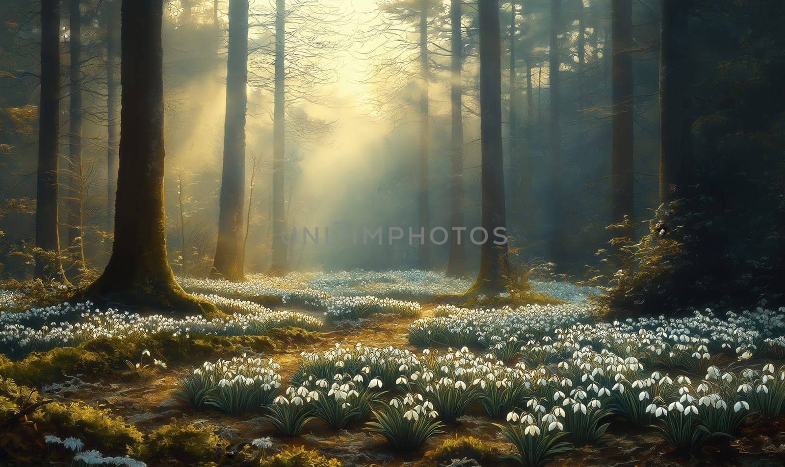 Watercolor forest with blooming snowdrops, bathed in soft morning light. Selective focus.