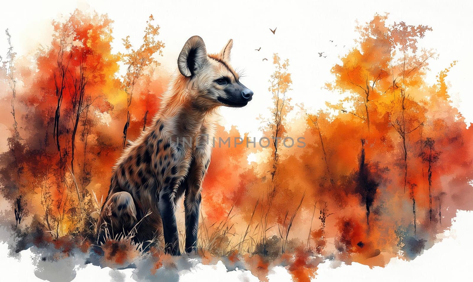 A watercolor drawing of an African hyena on a white background. Selective focus.
