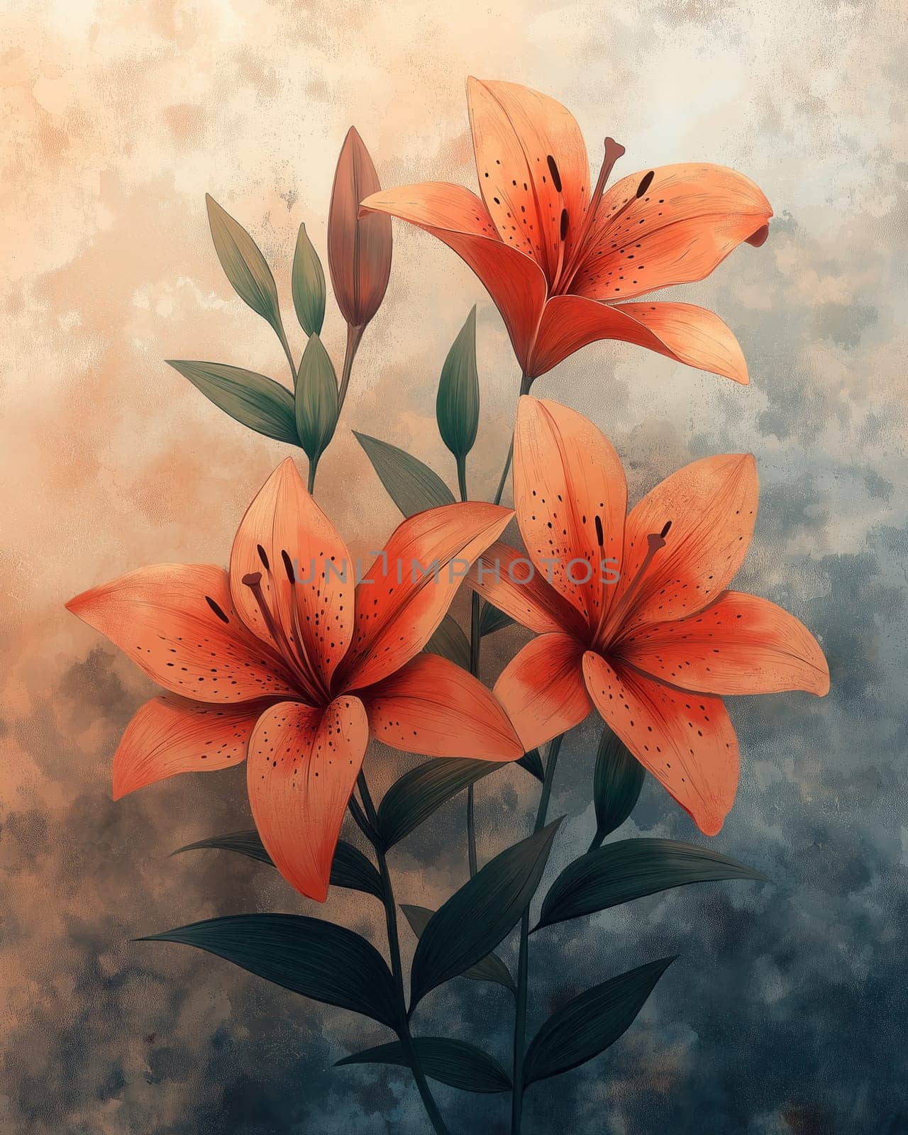 Vintage delicate flowers red lilies on a light background. Selective focus.