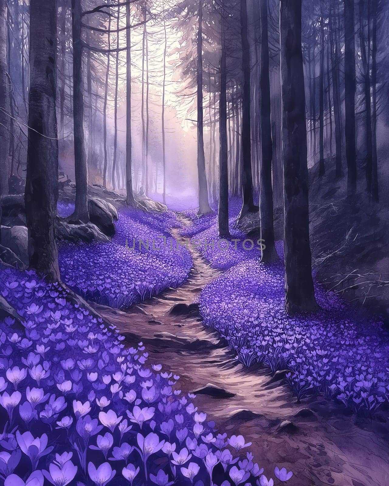 Watercolor forest with crocuses in full bloom. Selective focus.