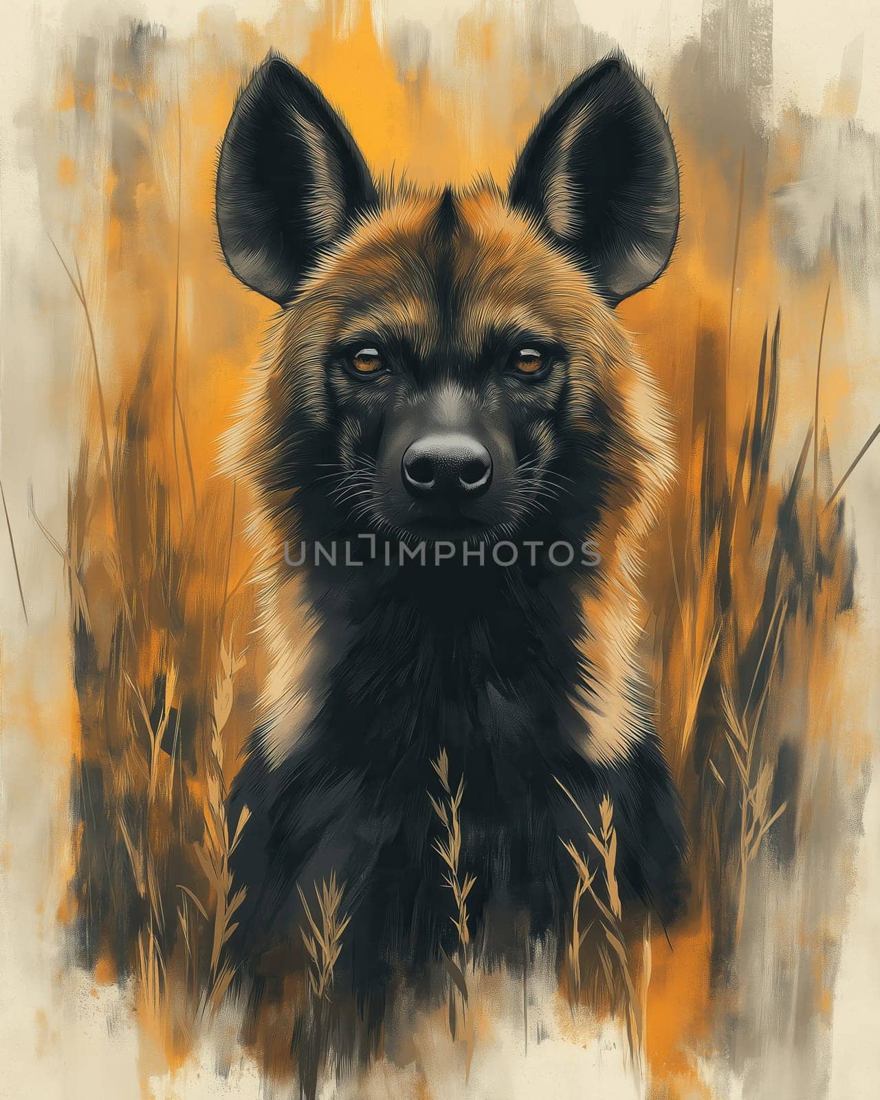 A watercolor painting of an African hyena against a light background. Selective focus.