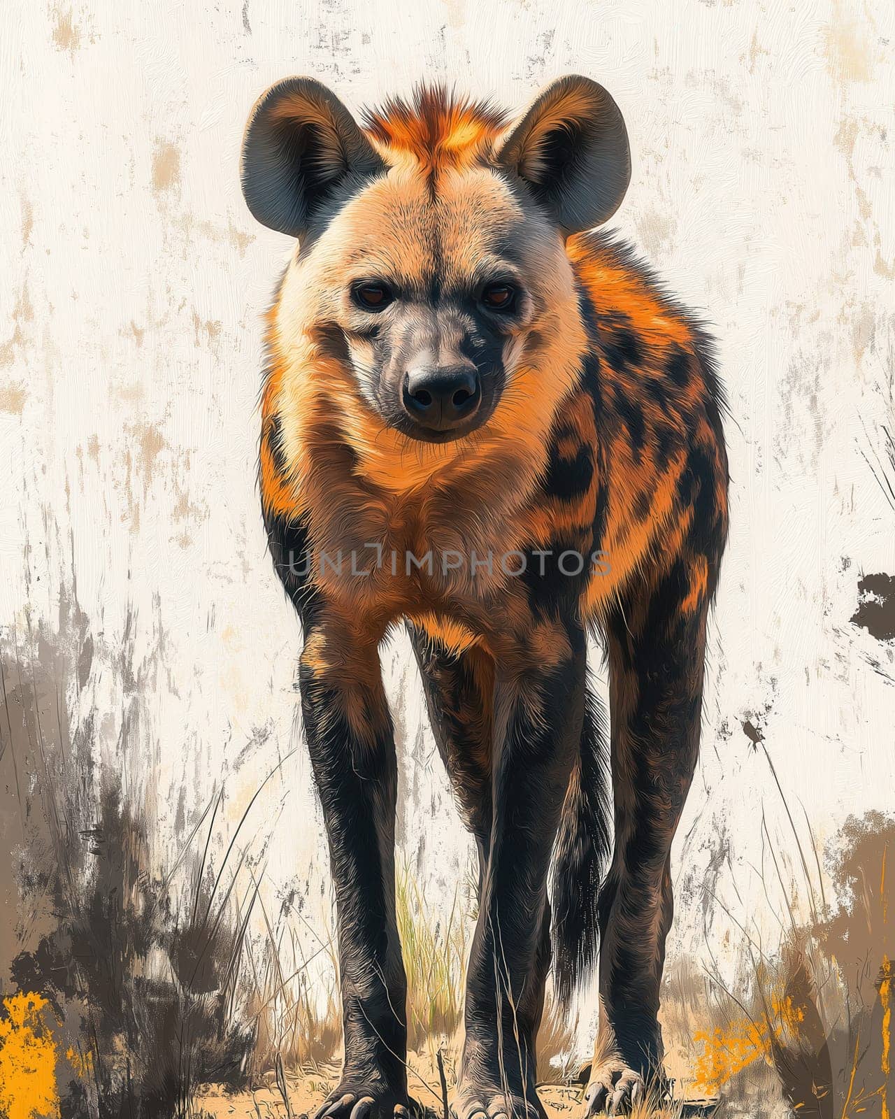 A watercolor drawing of an African hyena on a white background. Selective focus.