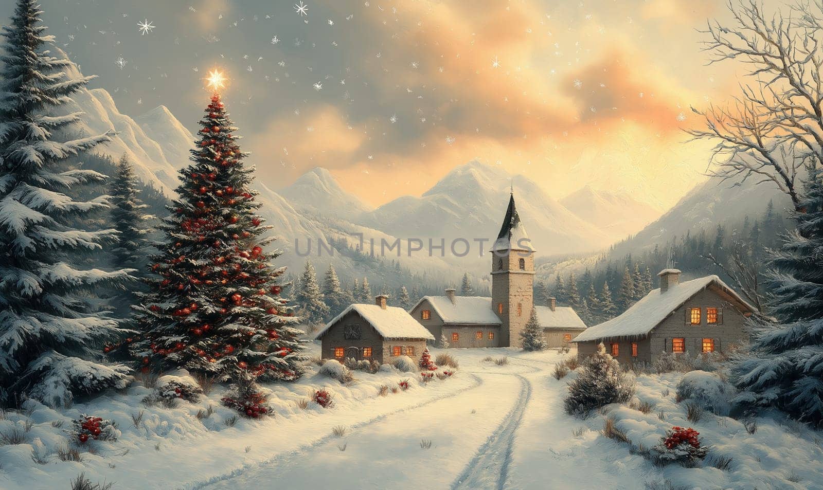 Vintage style Christmas card with a Christmas village. Selective focus.