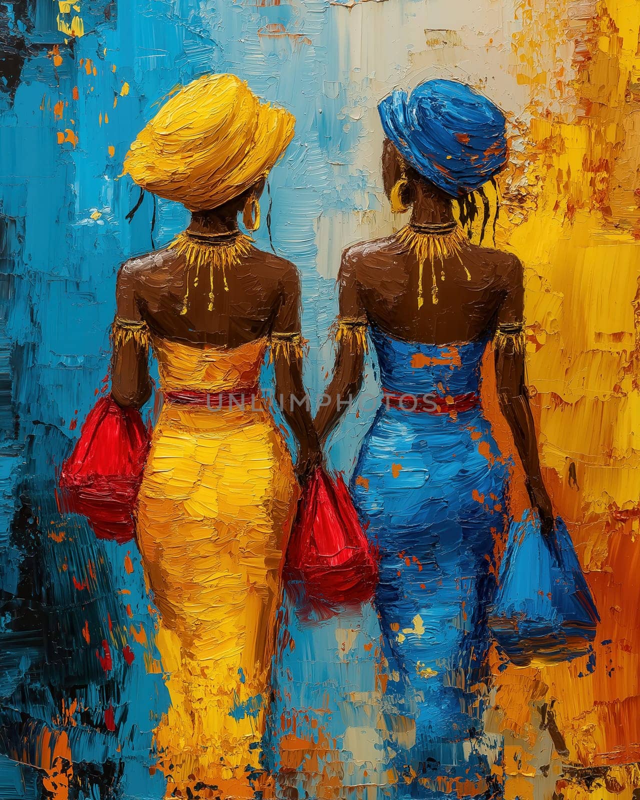 Watercolor, stylishly dressed girls with bags walking down the city street. Selective focus.